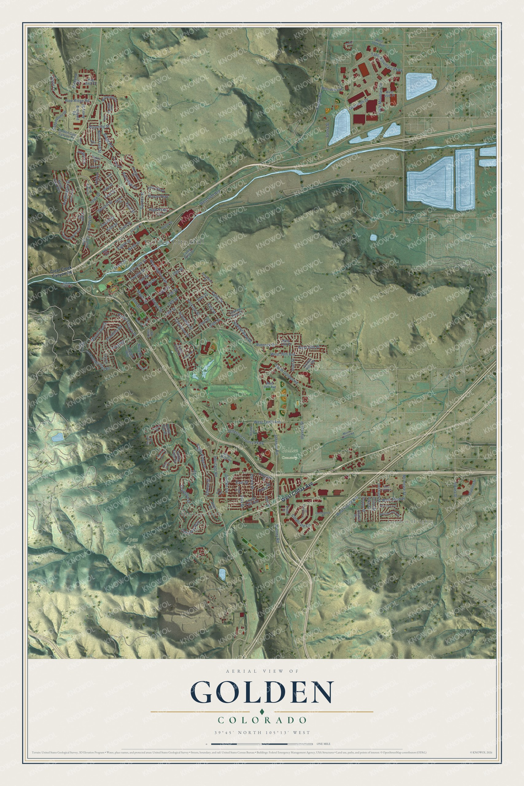 Full map of Golden, Colorado, with red buildings, printed street names and the land around them