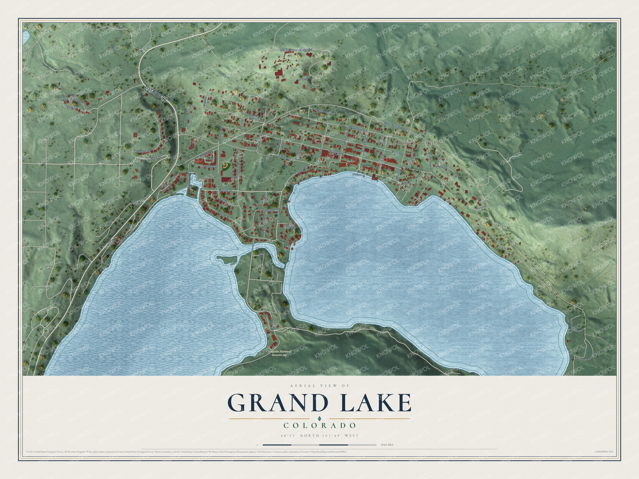 Full map of Grand Lake, Colorado, with red buildings, printed street names and the land around them