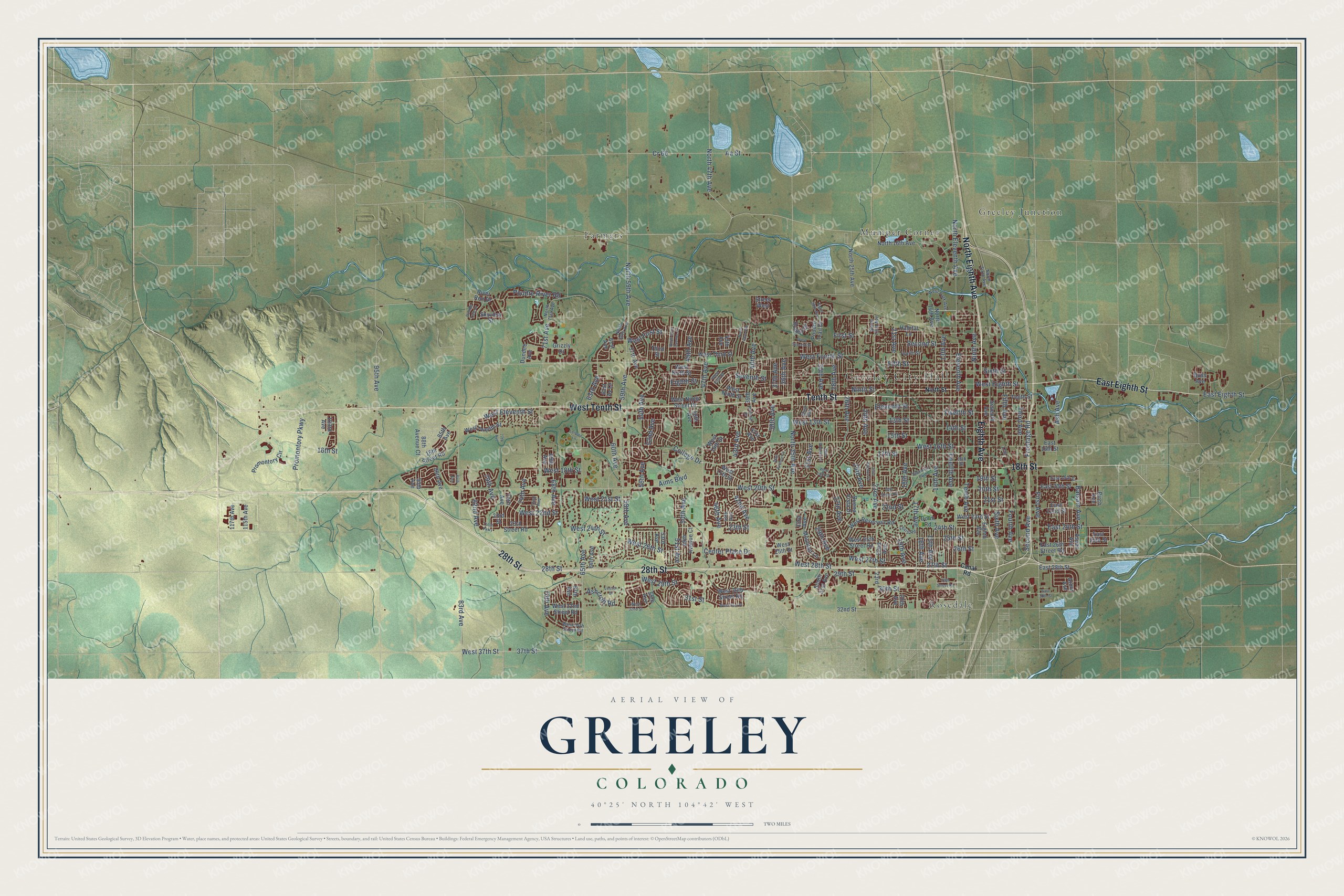 Full map of Greeley, Colorado, with red buildings, printed street names and the land around them