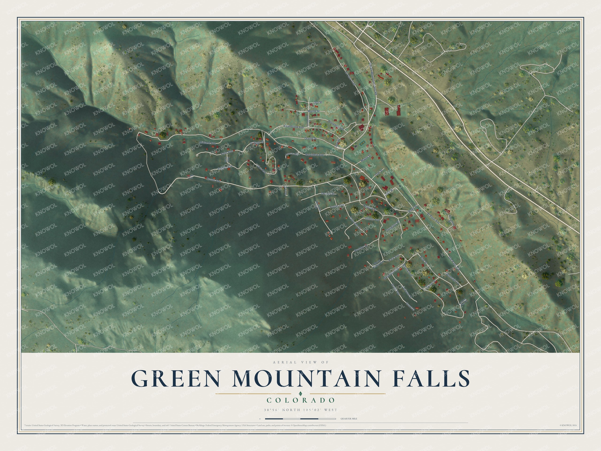 Full map of Green Mountain Falls, Colorado, with red buildings, printed street names and the land around them