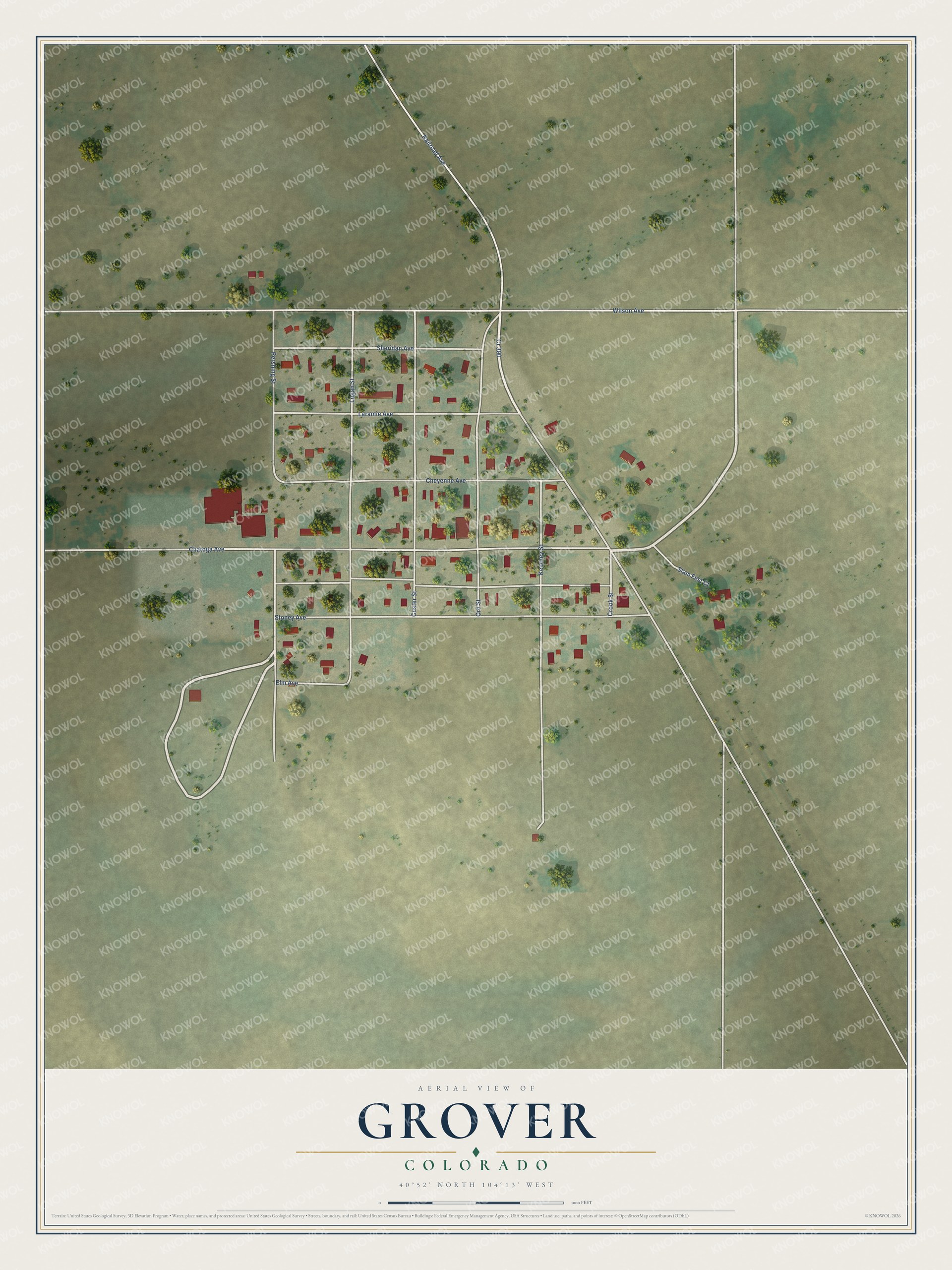 Full map of Grover, Colorado, with red buildings, printed street names and the land around them