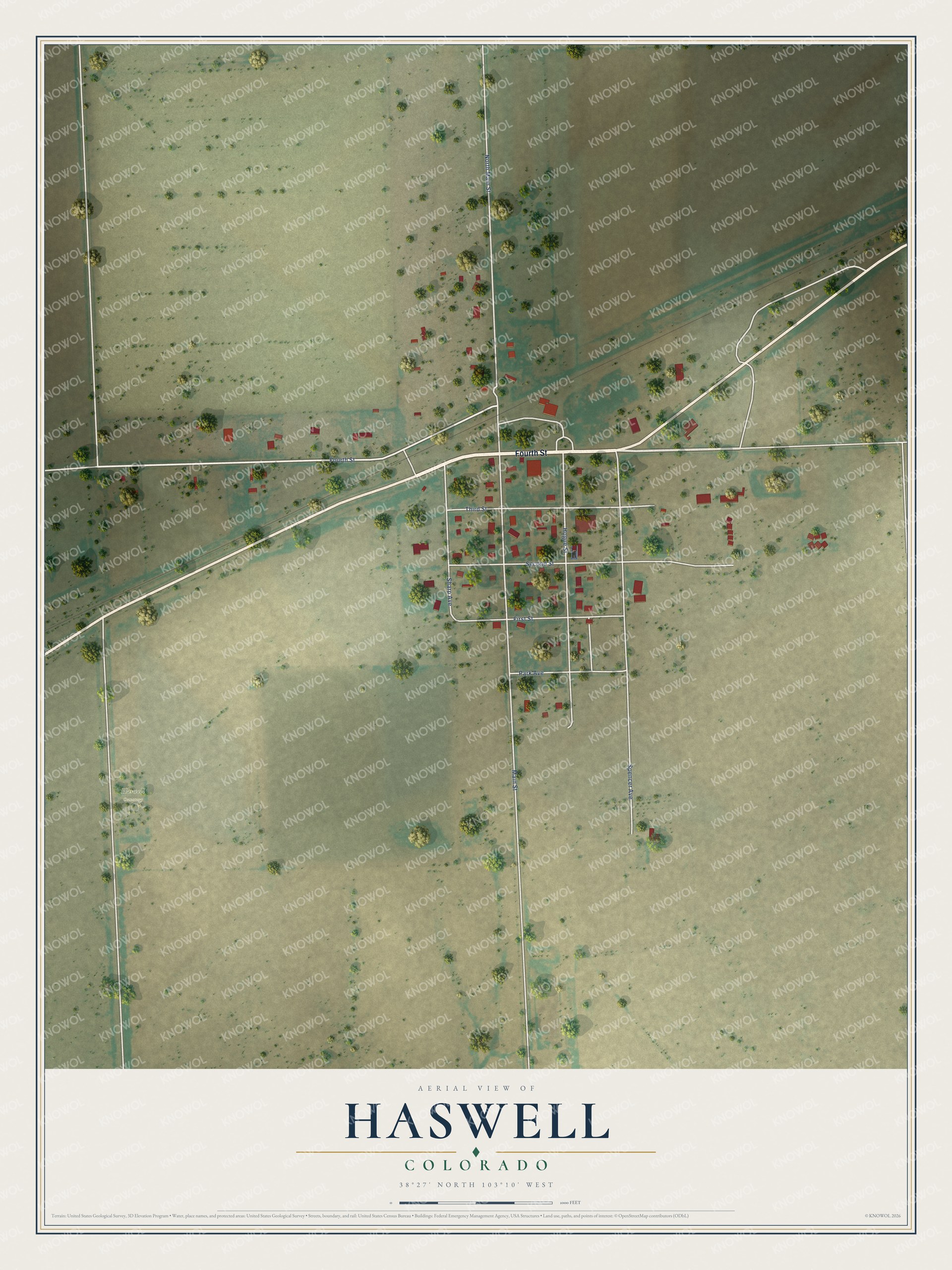 Full map of Haswell, Colorado, with red buildings, printed street names and the land around them