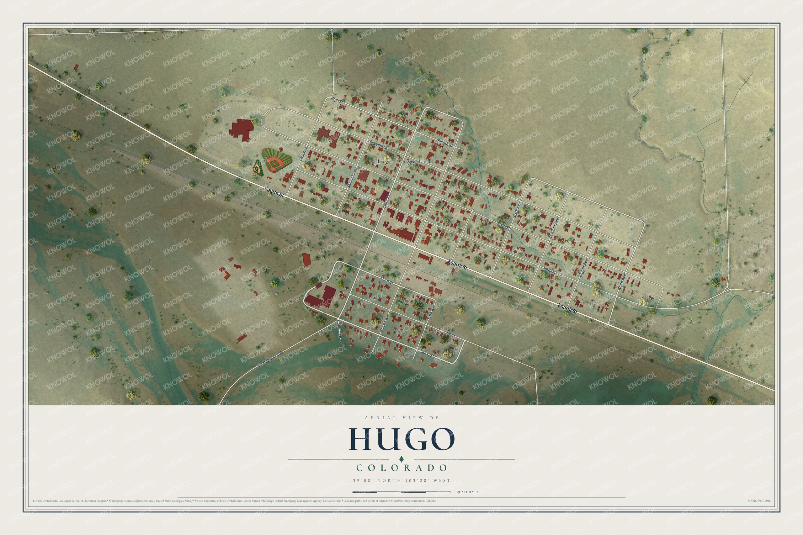 Full map of Hugo, Colorado, with red buildings, printed street names and the land around them