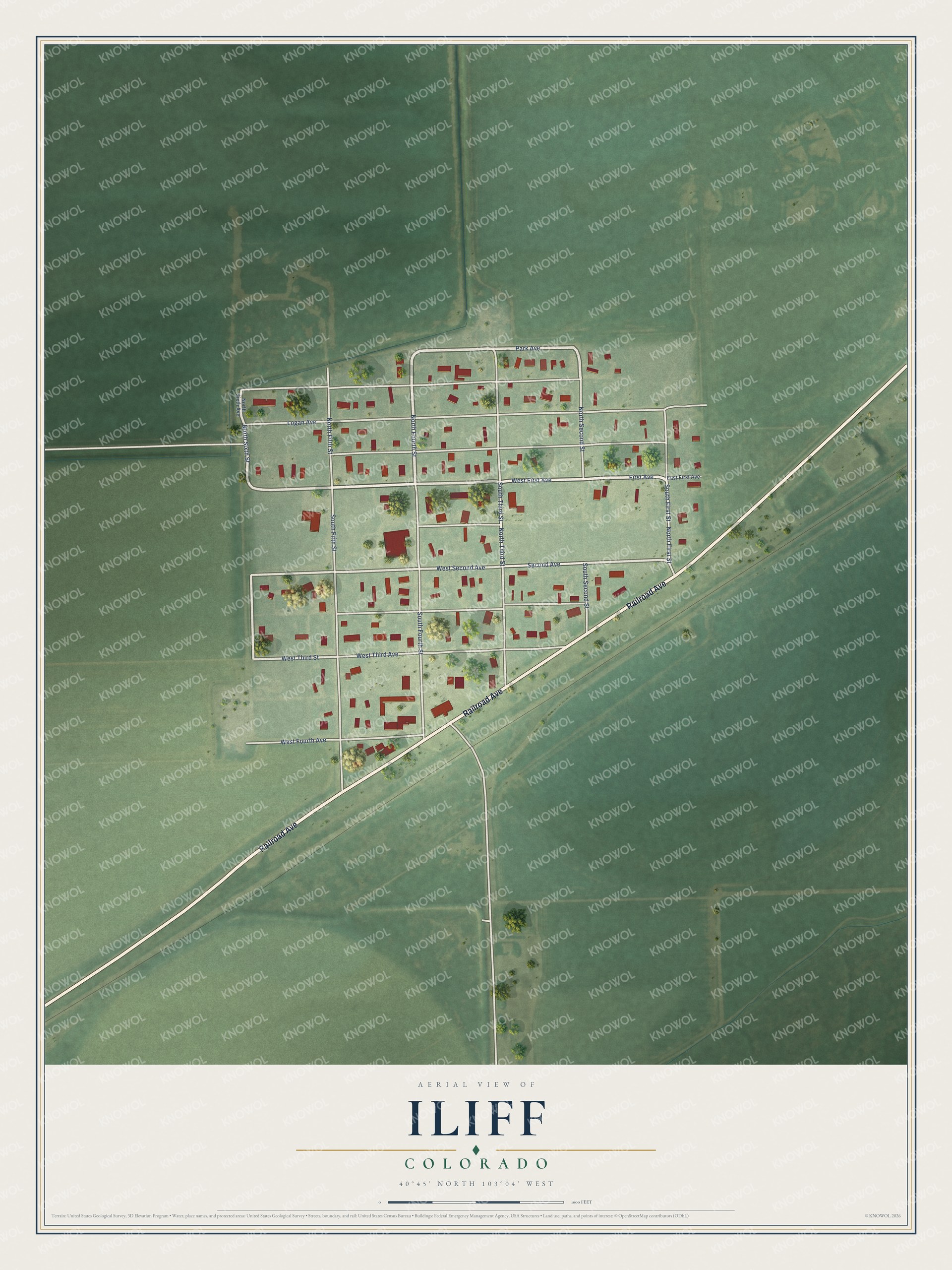 Full map of Iliff, Colorado, with red buildings, printed street names and the land around them