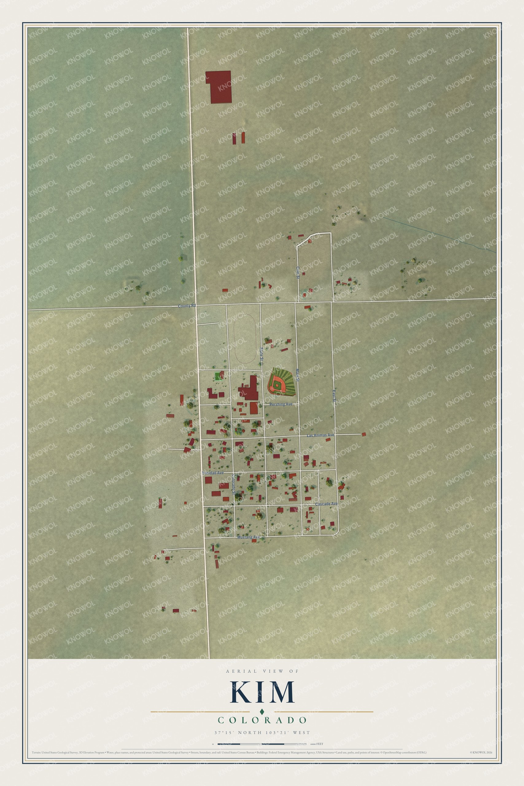 Full map of Kim, Colorado, with red buildings, printed street names and the land around them