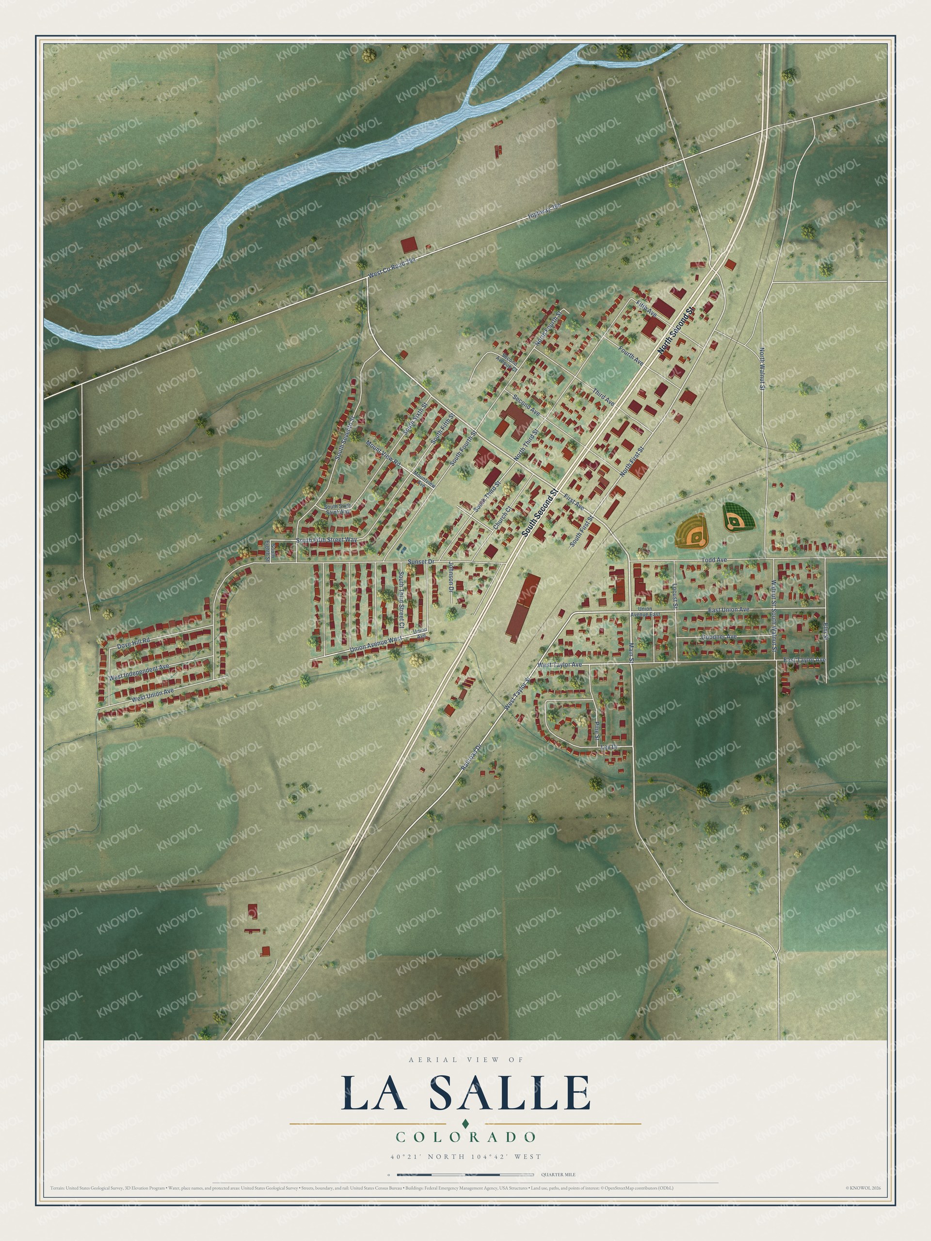 Full map of La Salle, Colorado, with red buildings, printed street names and the land around them