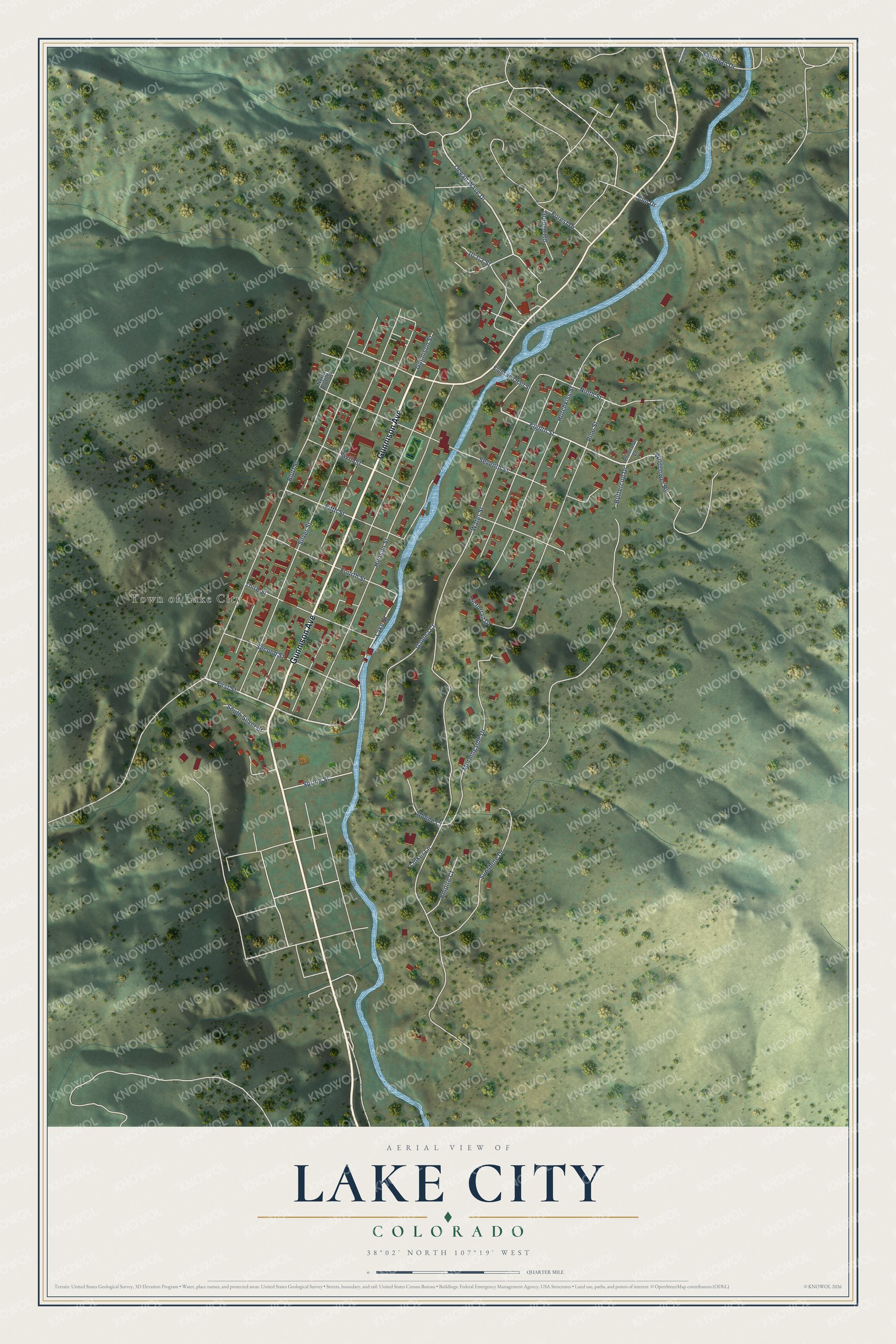 Full map of Lake City, Colorado, with red buildings, printed street names and the land around them