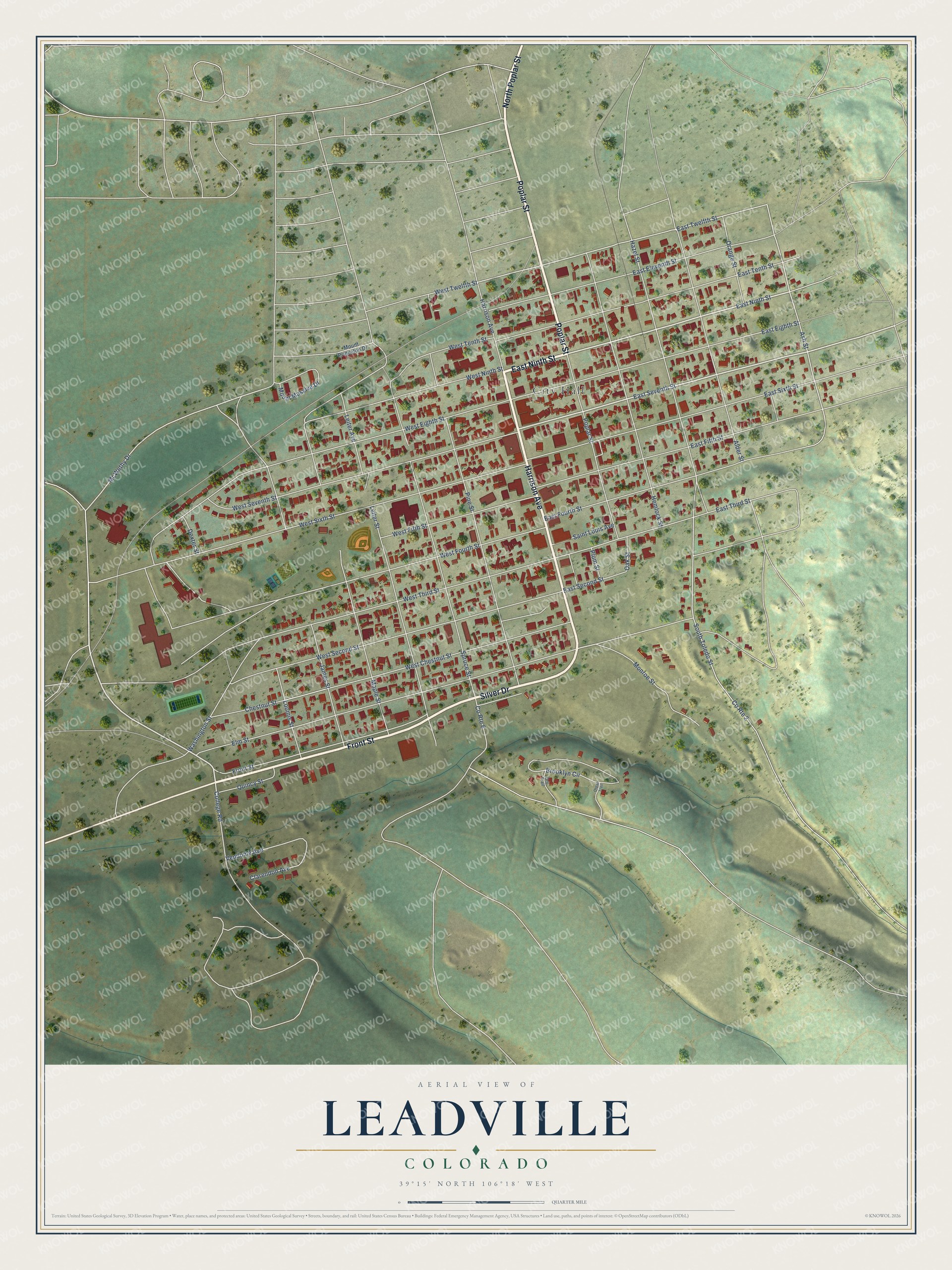 Full map of Leadville, Colorado, with red buildings, printed street names and the land around them