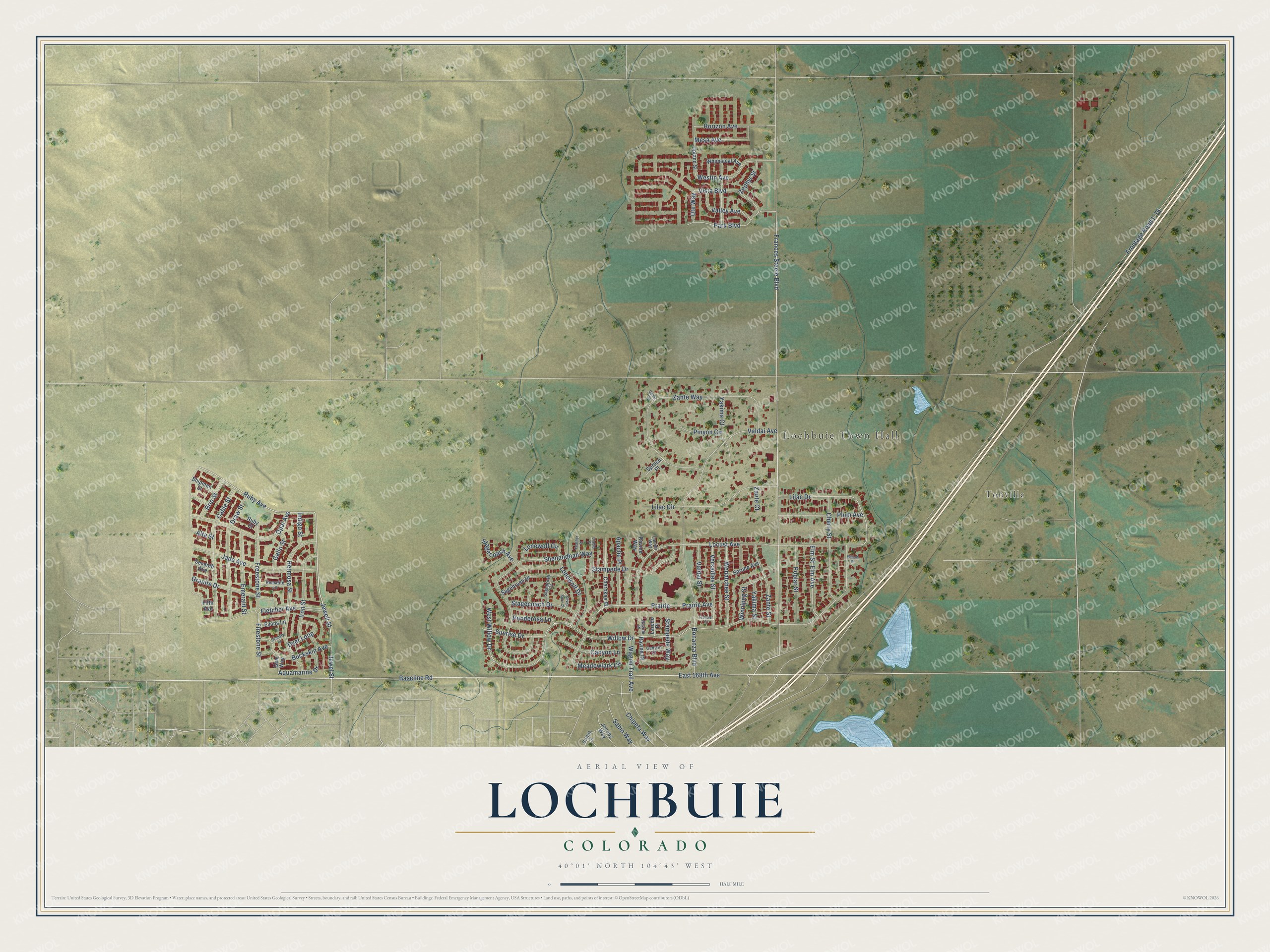 Full map of Lochbuie, Colorado, with red buildings, printed street names and the land around them