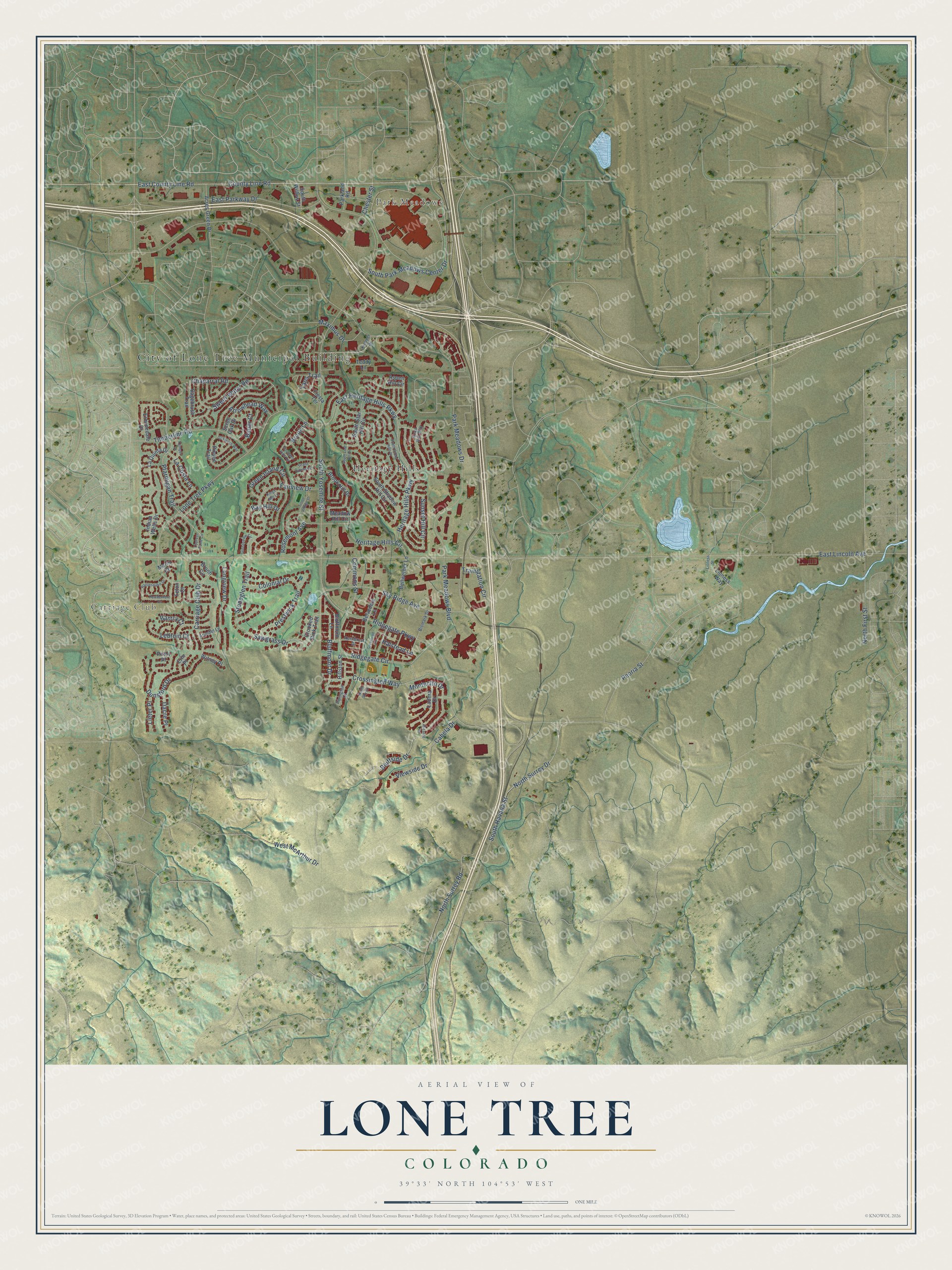 Full map of Lone Tree, Colorado, with red buildings, printed street names and the land around them