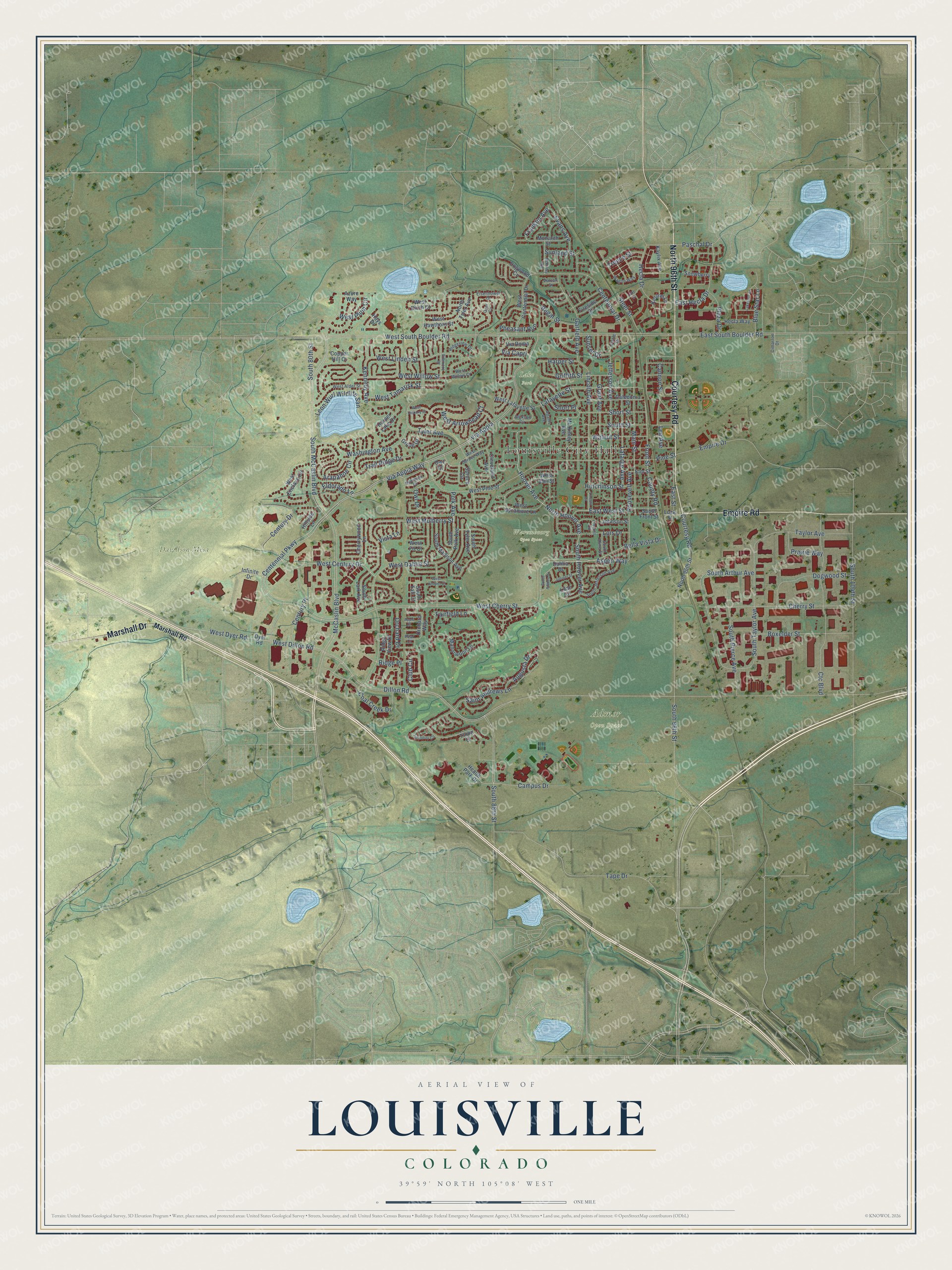Full map of Louisville, Colorado, with red buildings, printed street names and the land around them