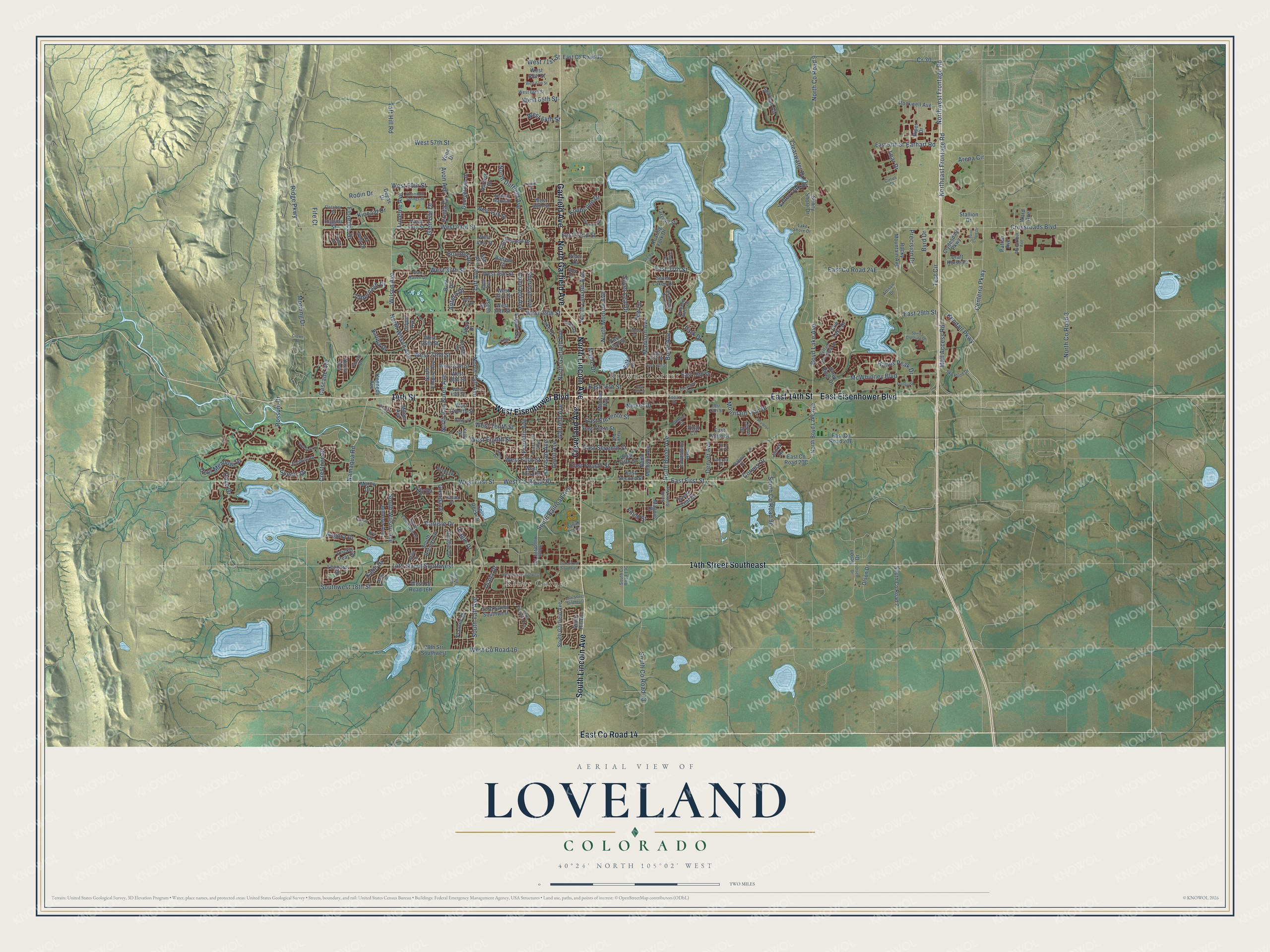 Full map of Loveland, Colorado, with red buildings, printed street names and the land around them