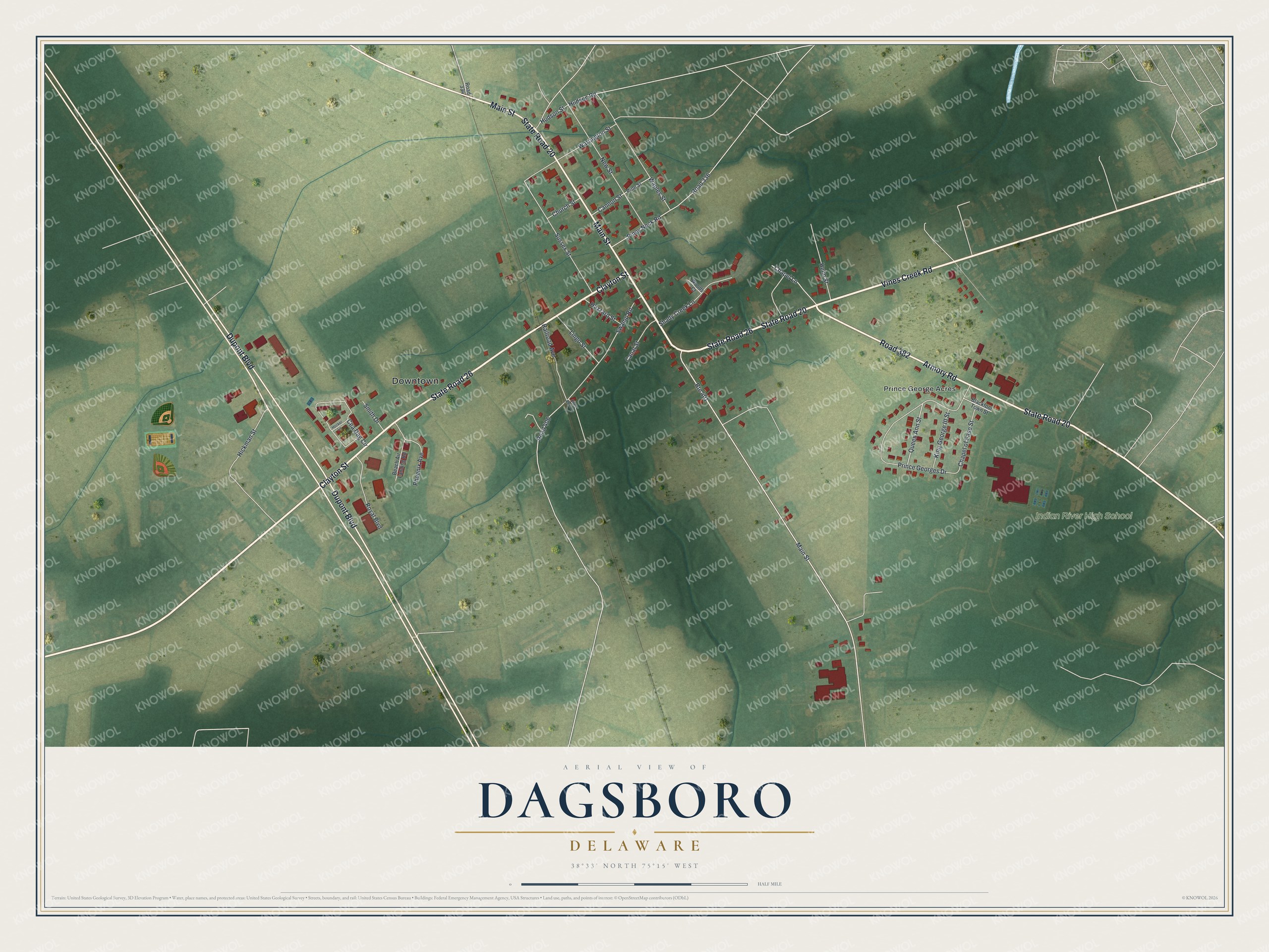 Full map of Dagsboro, Delaware, with red buildings, printed street names and the land around them
