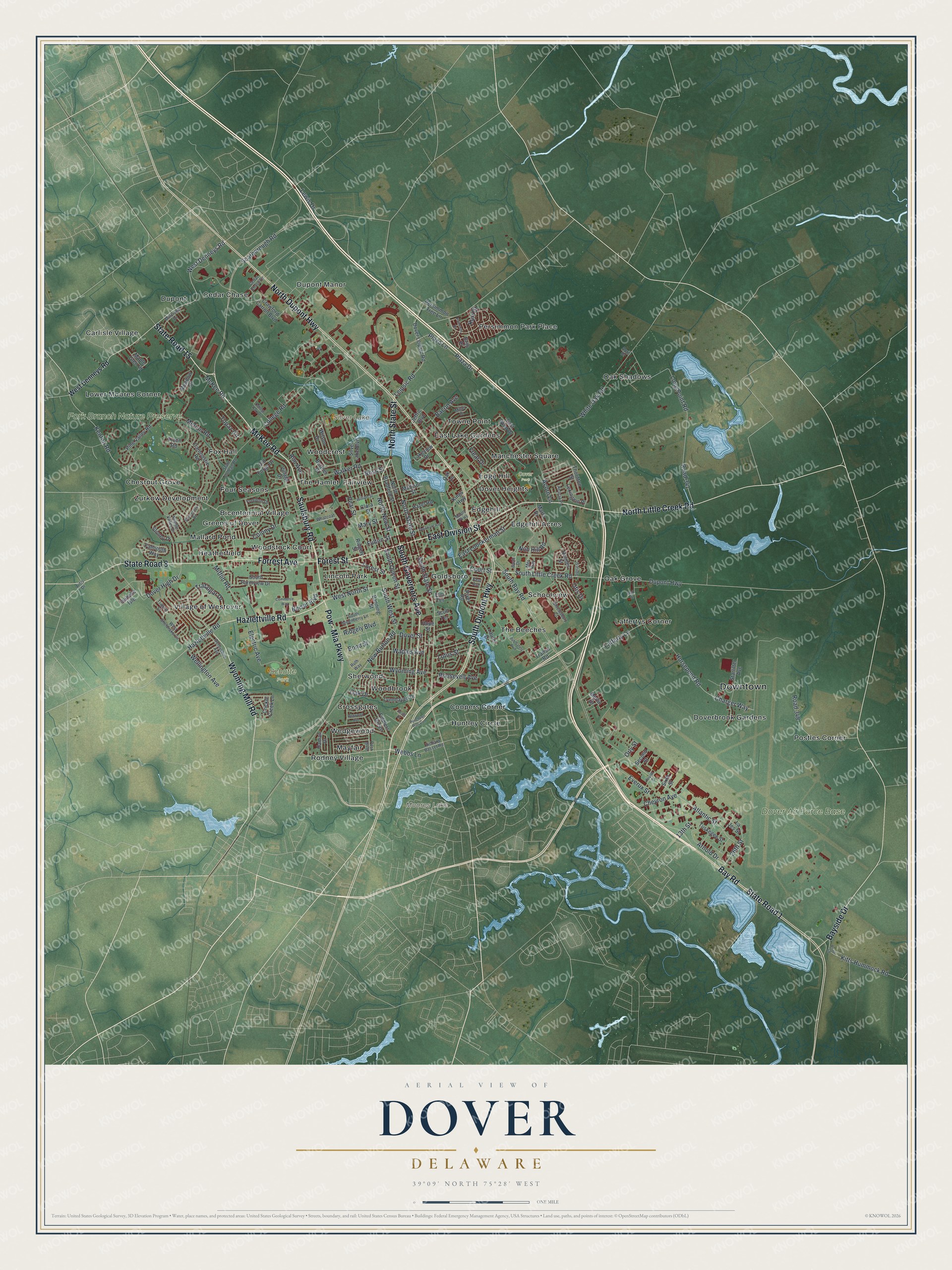 Full map of Dover, Delaware, with red buildings, printed street names and the land around them