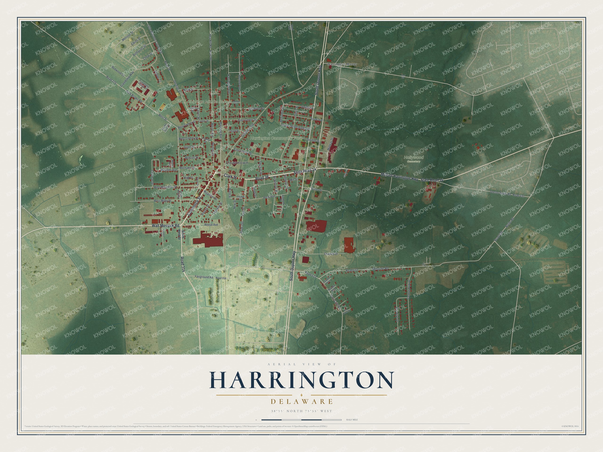 Full map of Harrington, Delaware, with red buildings, printed street names and the land around them