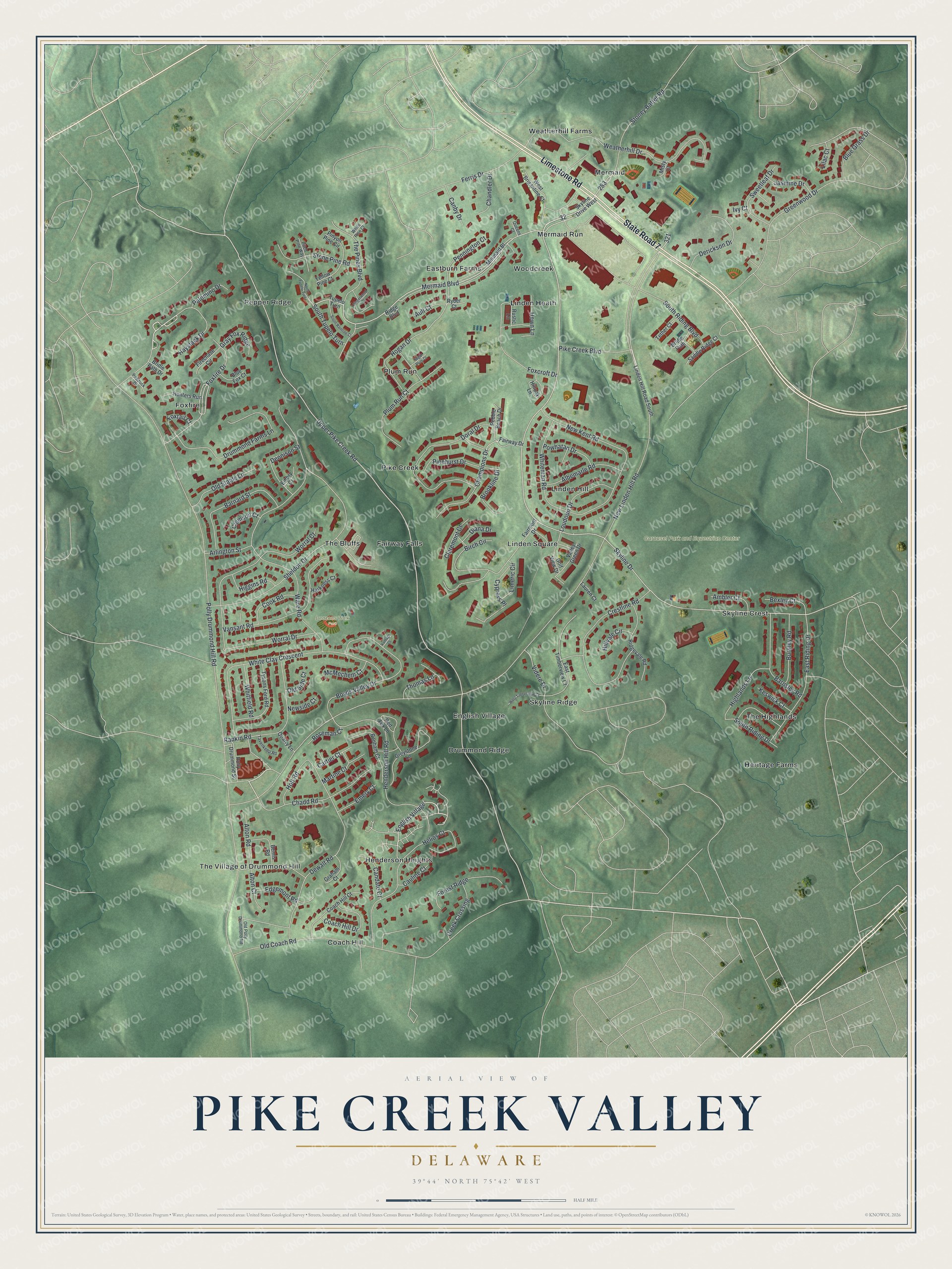 Full map of Pike Creek Valley, Delaware, with red buildings, printed street names and the land around them