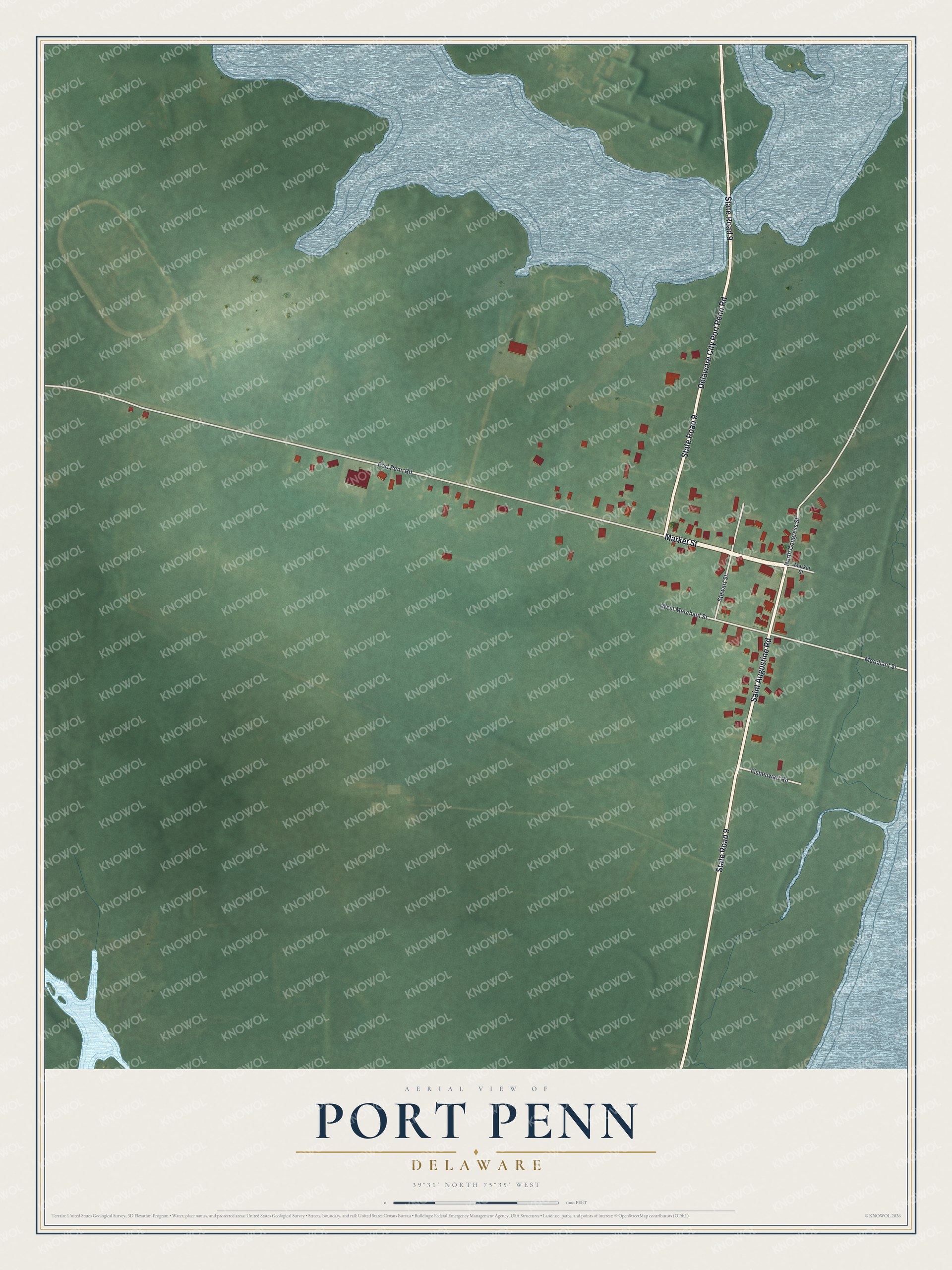 Full map of Port Penn, Delaware, with red buildings, printed street names and the land around them