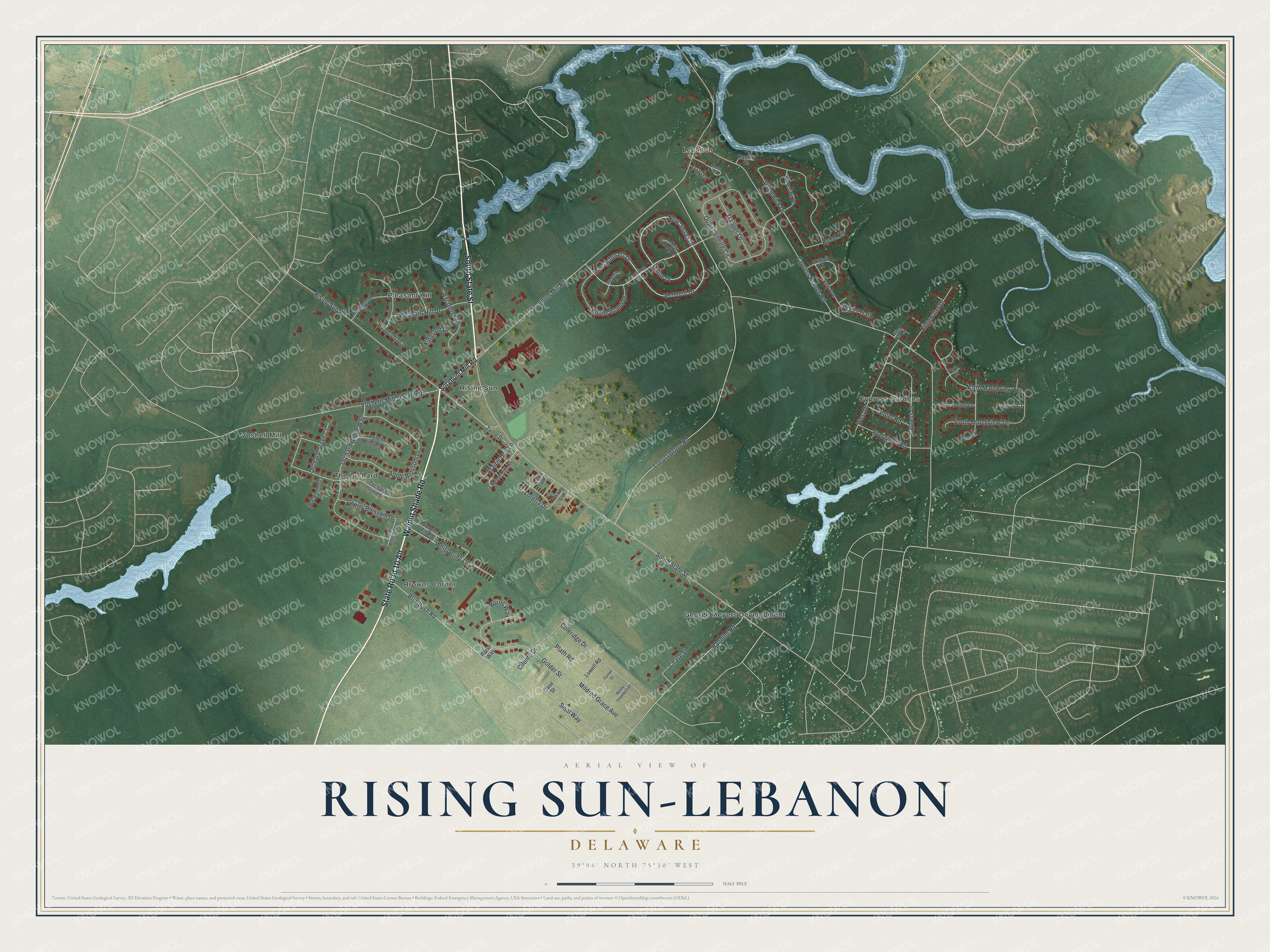 Full map of Rising Sun-Lebanon, Delaware, with red buildings, printed street names and the land around them