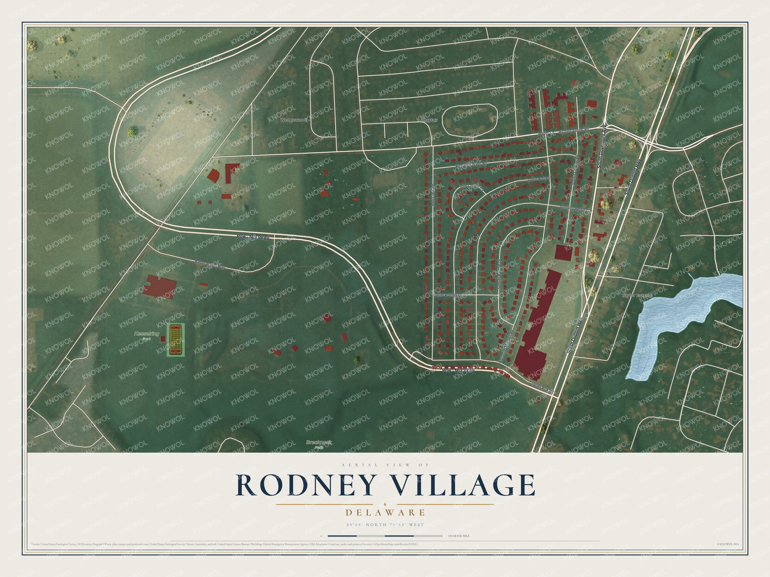 Full map of Rodney Village, Delaware, with red buildings, printed street names and the land around them