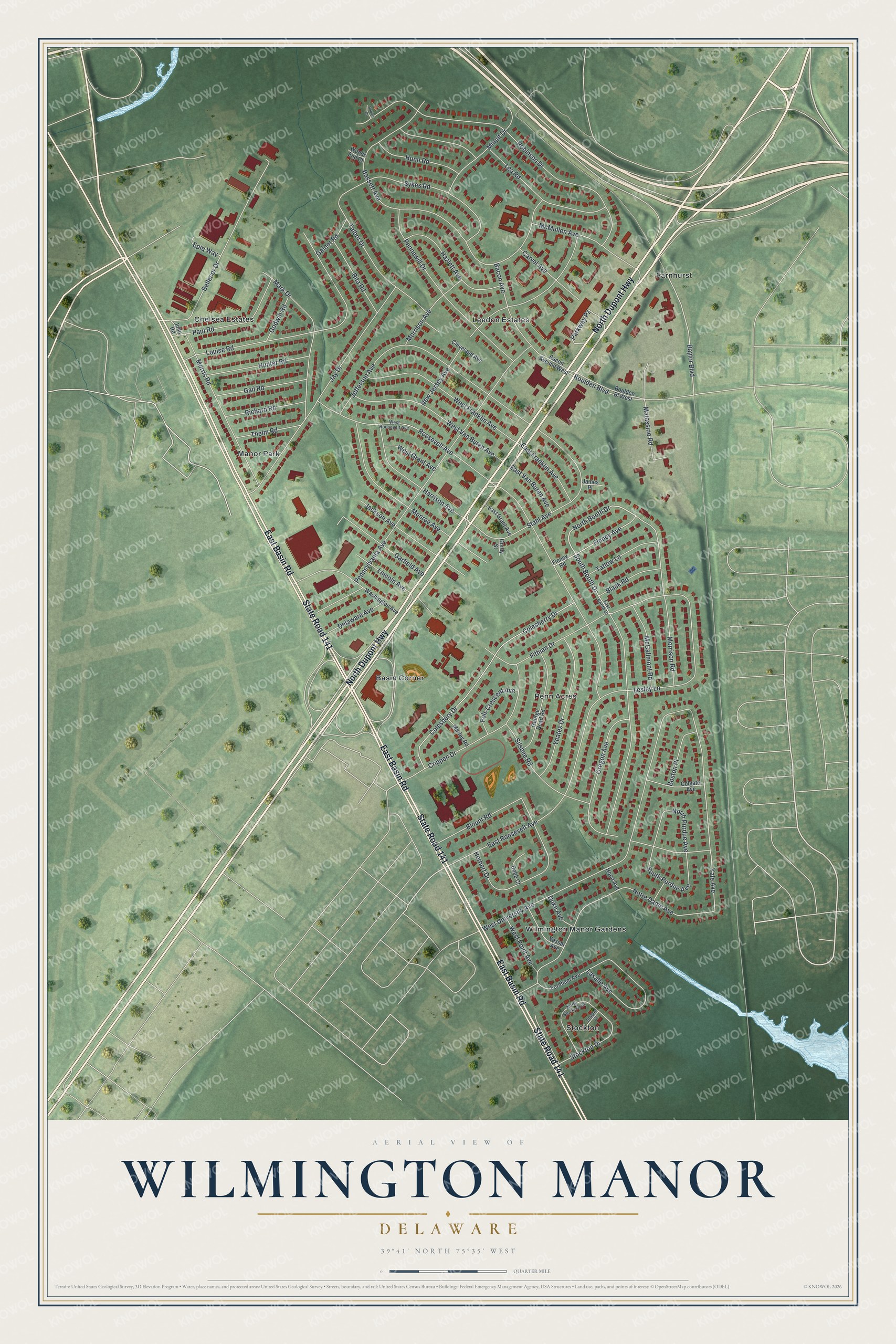 Full map of Wilmington Manor, Delaware, with red buildings, printed street names and the land around them