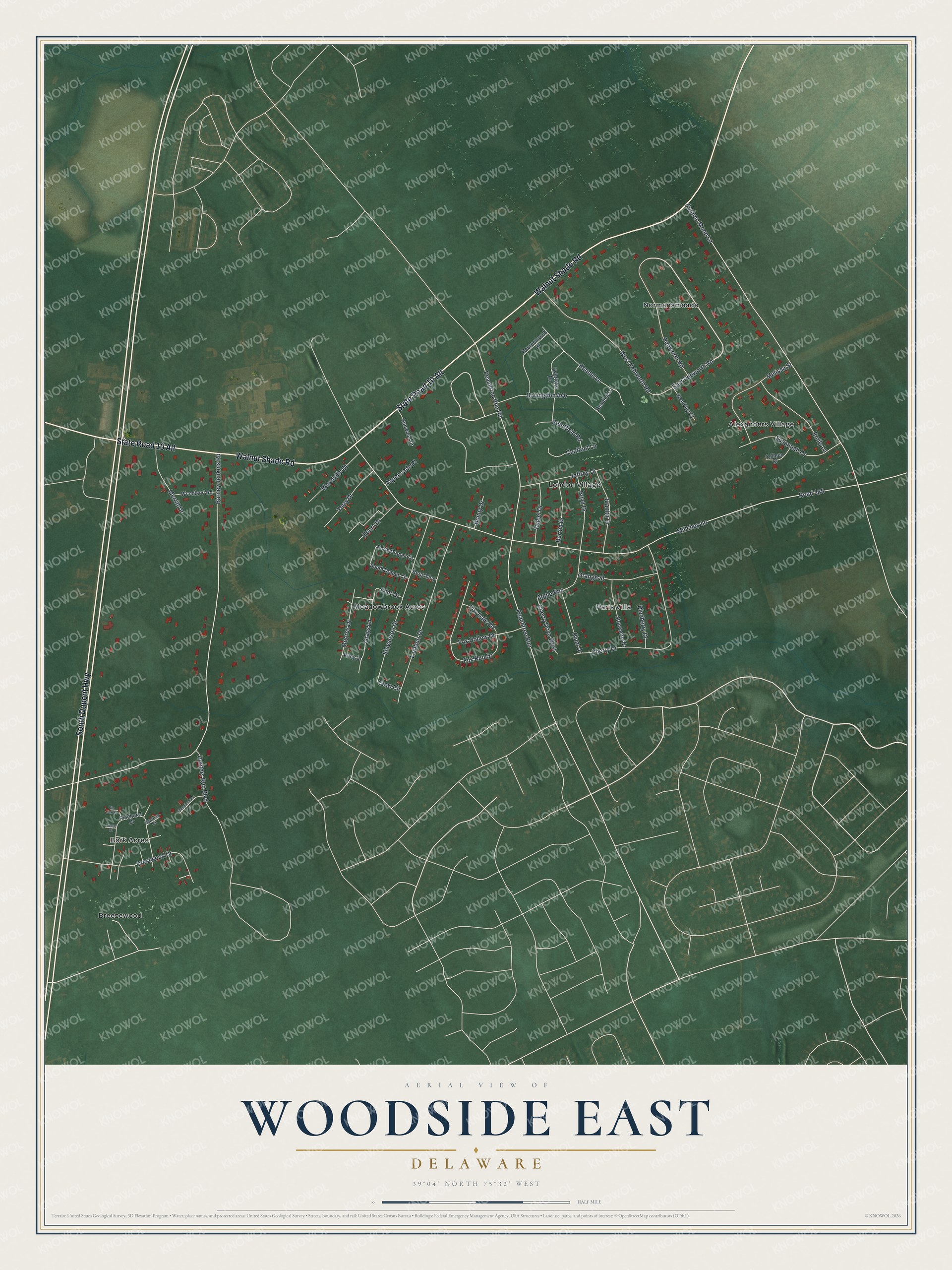 Full map of Woodside East, Delaware, with red buildings, printed street names and the land around them