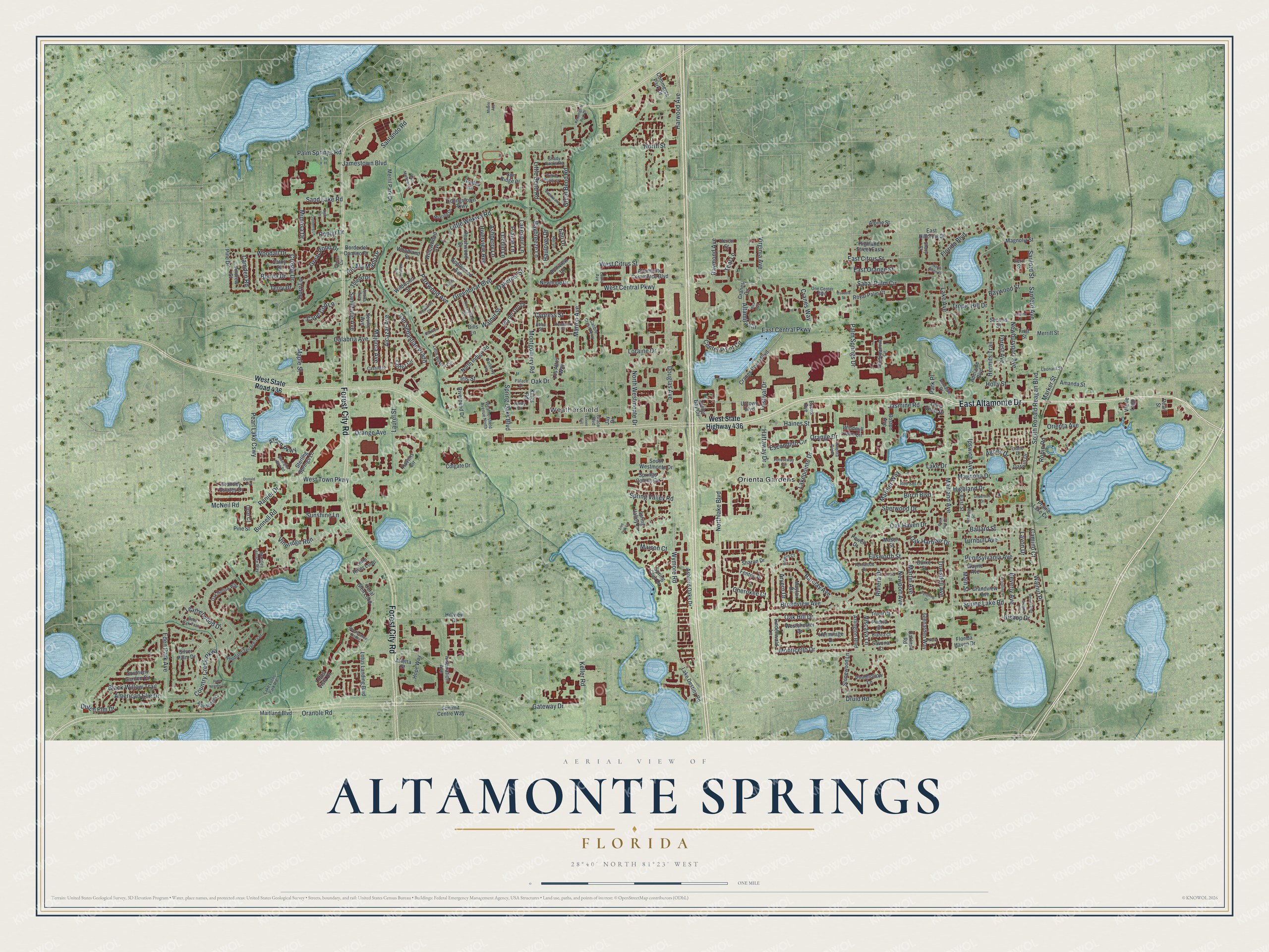 Map of Altamonte Springs, Florida, with Altamonte Drive, Cranes Roost Boulevard, Weathersfield and Orienta Gardens