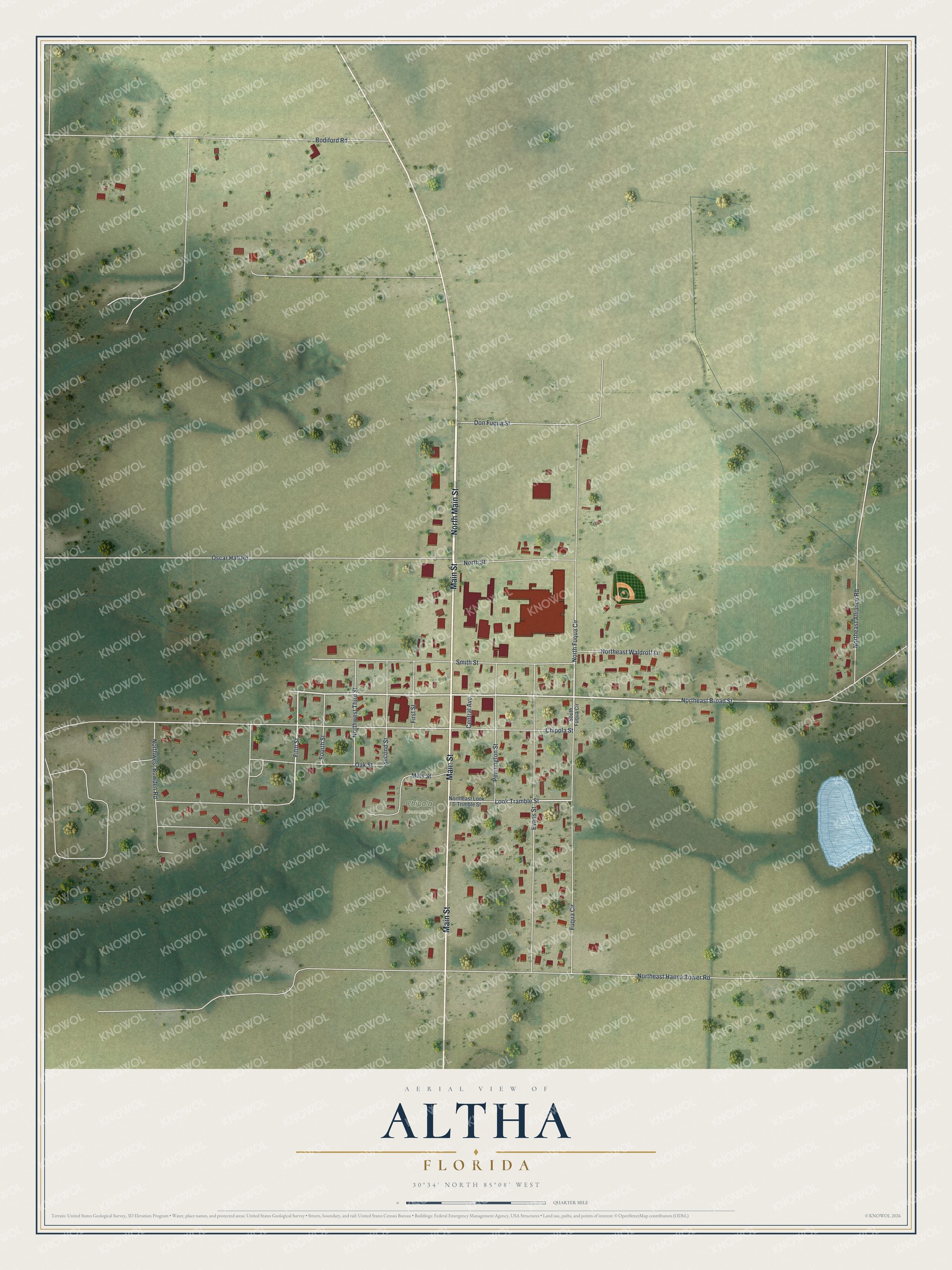 Map of Altha, Florida, with Main Street, Fuqua Circle, Look Tramble Street and Chipola Cemetery