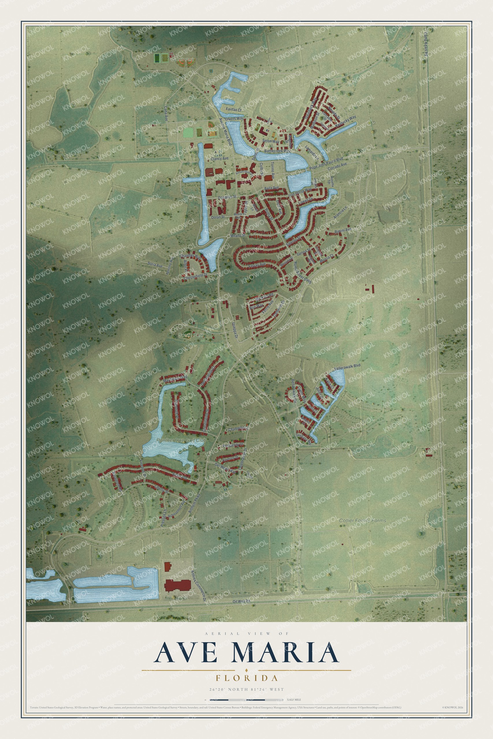 Map of Ave Maria, Florida, with Avenue Maria Boulevard, North Park, South Park and Panther Run Golf Club