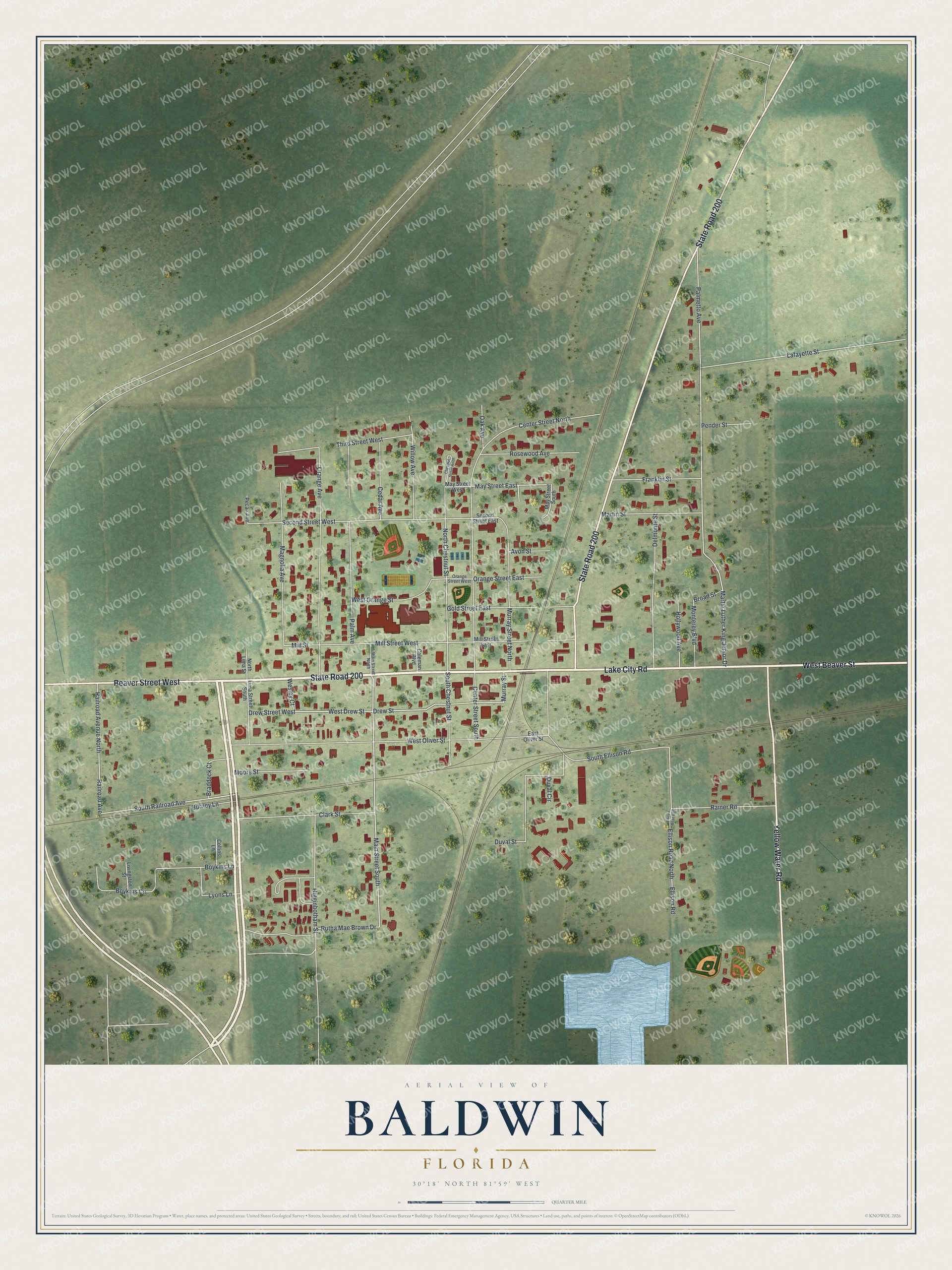 Map of Baldwin, Florida, with Beaver Street, Lake City Road, Mill Street and South Railroad Avenue