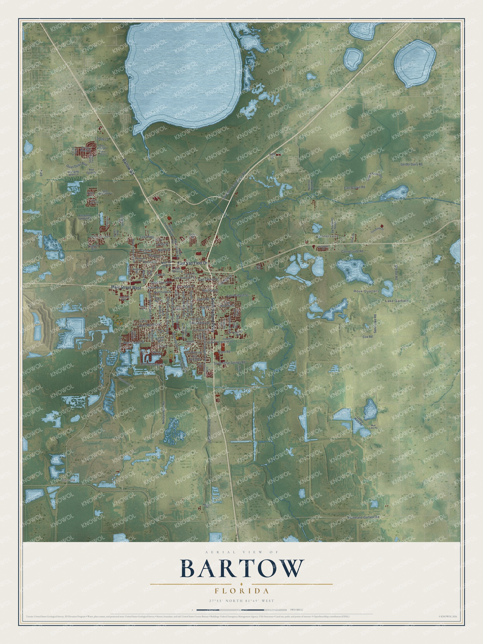Map of Bartow, Florida, with Main Street, Broadway Avenue, Van Fleet Drive, Holland Parkway and Barcola