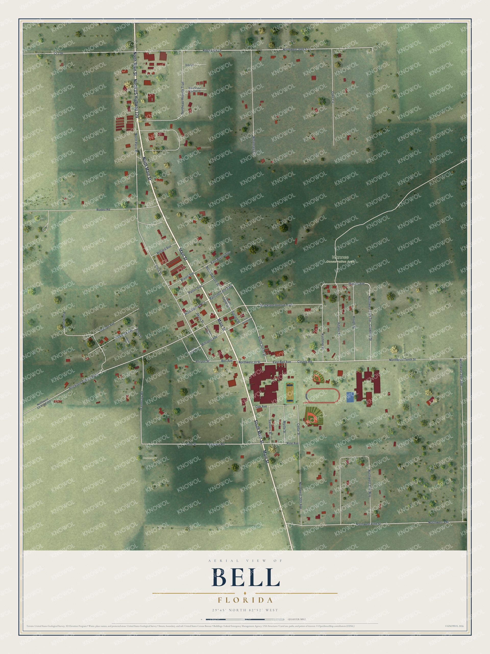 Map of Bell, Florida, with Main Street, Railroad Lane, Bell Avenue and the Wannee Conservation Area