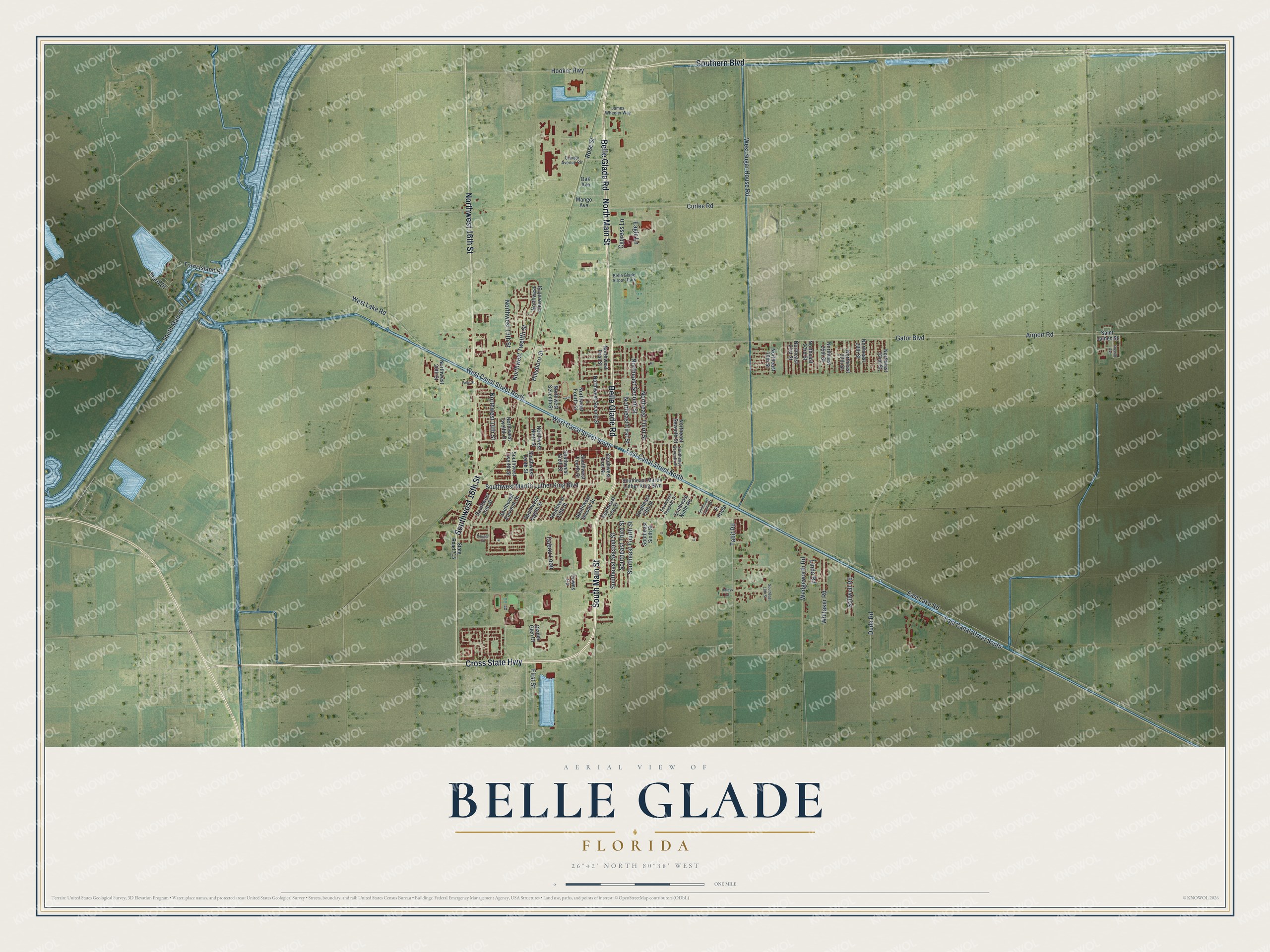 Map of Belle Glade, Florida, with Main Street, Torry Island Road and Hillsboro Street