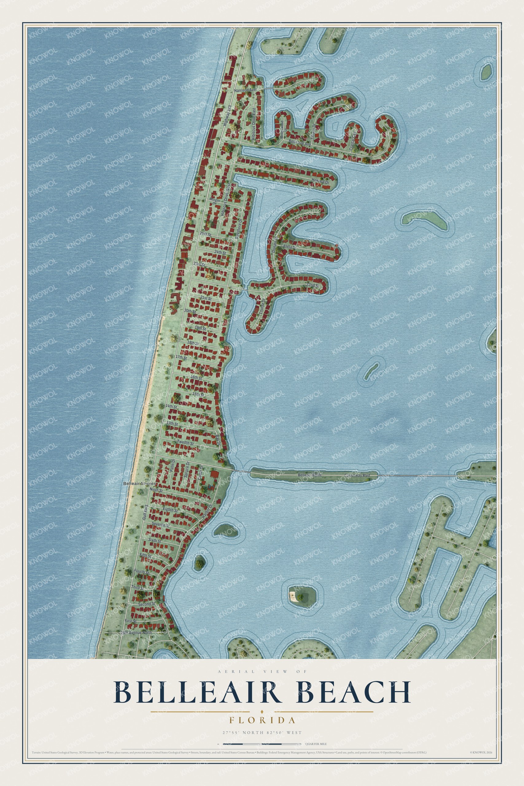 Map of Belleair Beach, Florida, with Gulf Boulevard, Bay Drive, Causeway Boulevard and Belleair Shores