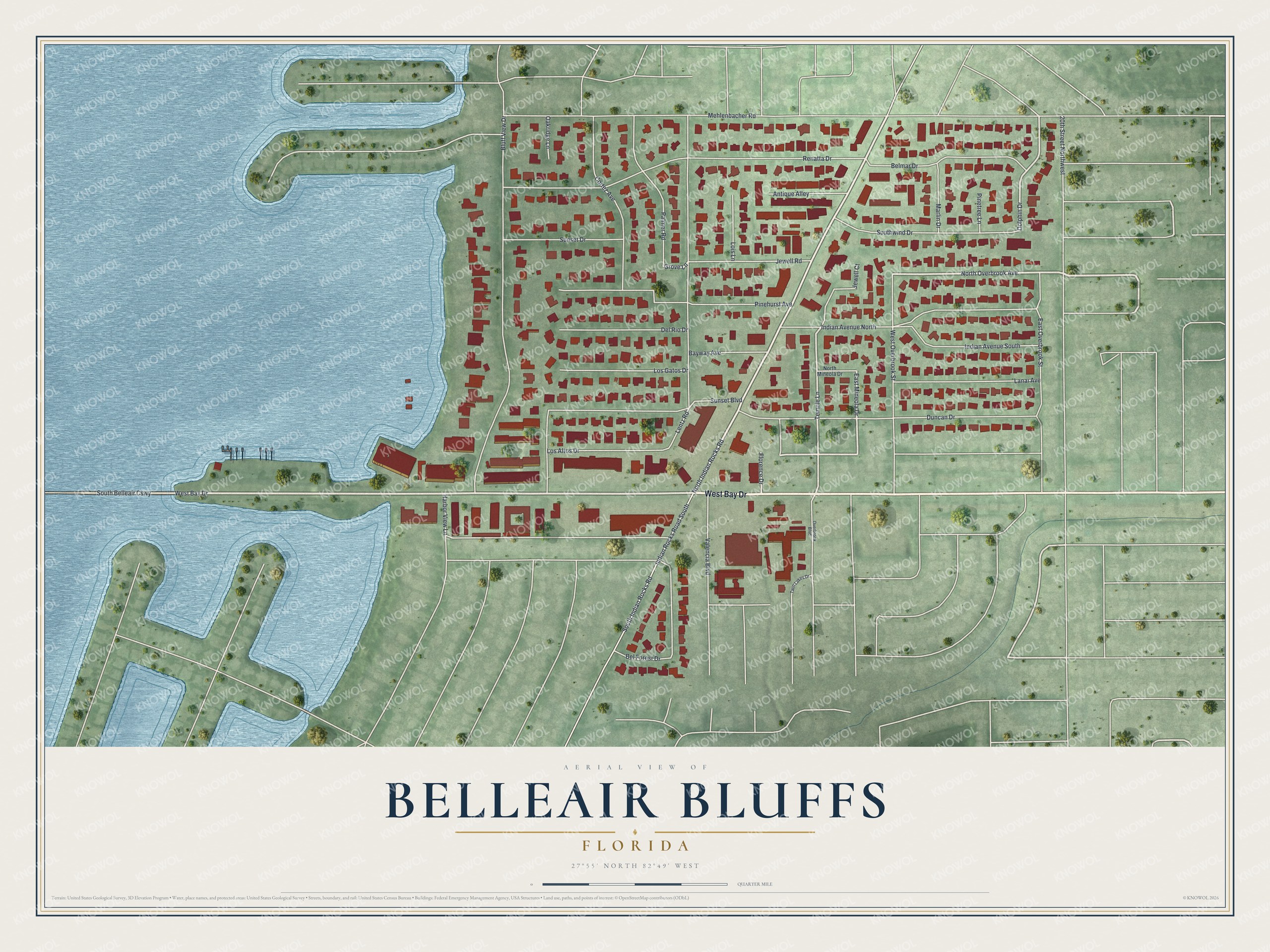 Map of Belleair Bluffs, Florida, with Bay Drive, Indian Rocks Road, Overbrook Avenue and Mineola Drive