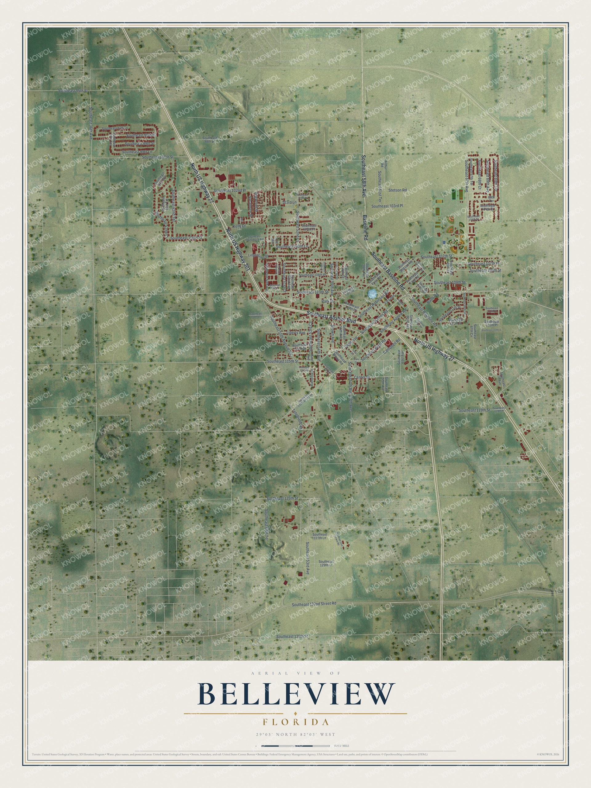 Map of Belleview, Florida, with Abshier Boulevard, Baseline Road, Dunn Avenue and Stetson Road