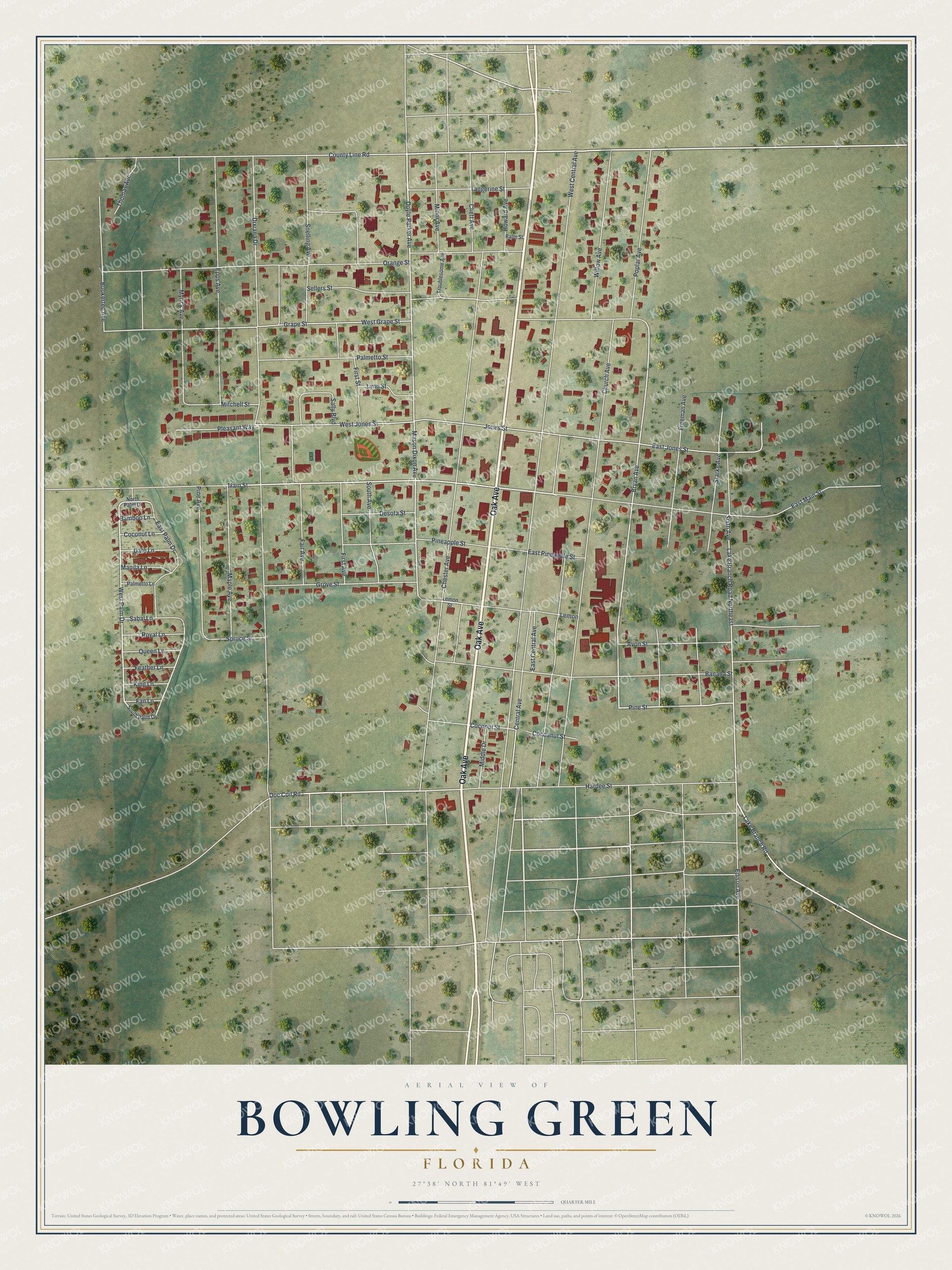 Map of Bowling Green, Florida, with Oak Avenue, Main Street, Palm Drive and Lake Branch Road