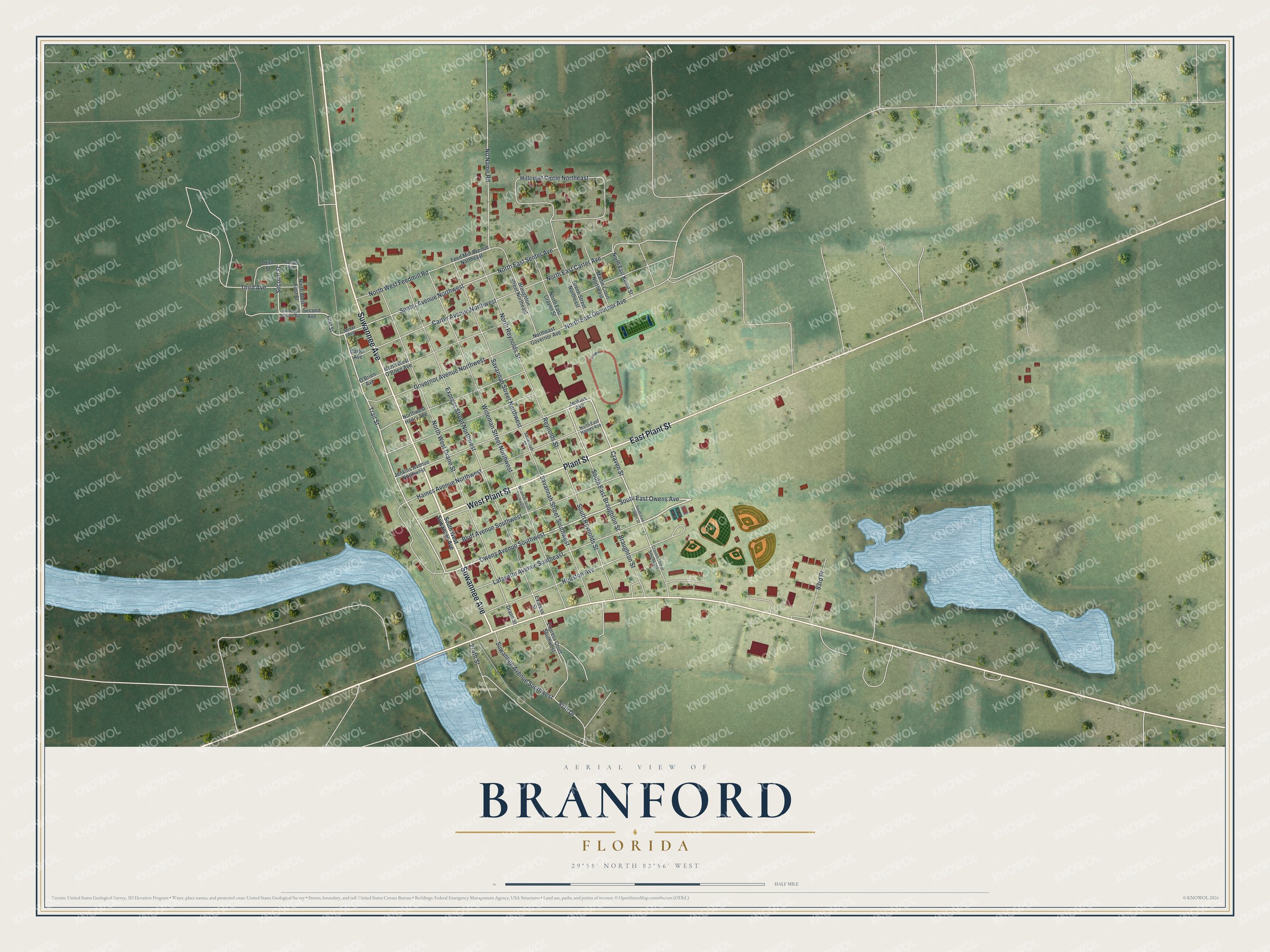 Map of Branford, Florida, with Suwannee Avenue, Plant Street, Owens Avenue and Ivey Memorial Park