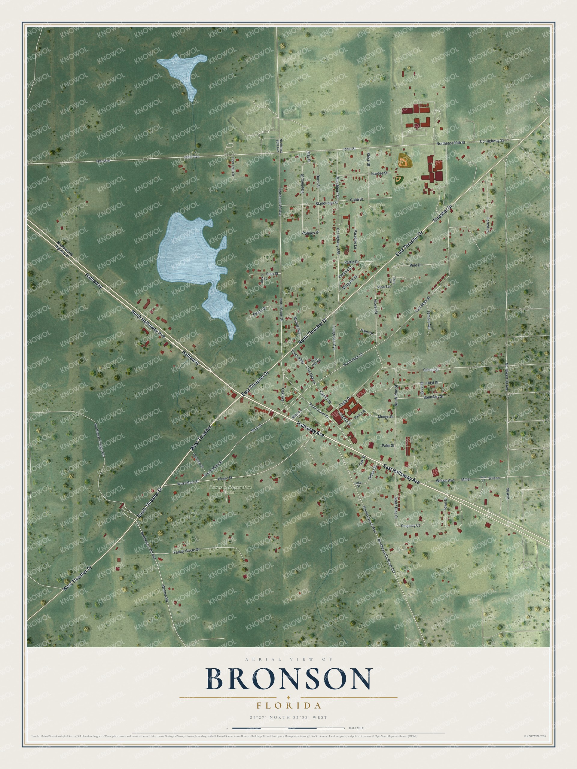 Map of Bronson, Florida, with Court Street, Hathaway Avenue, Thrasher Drive and Bronson Recreation Park