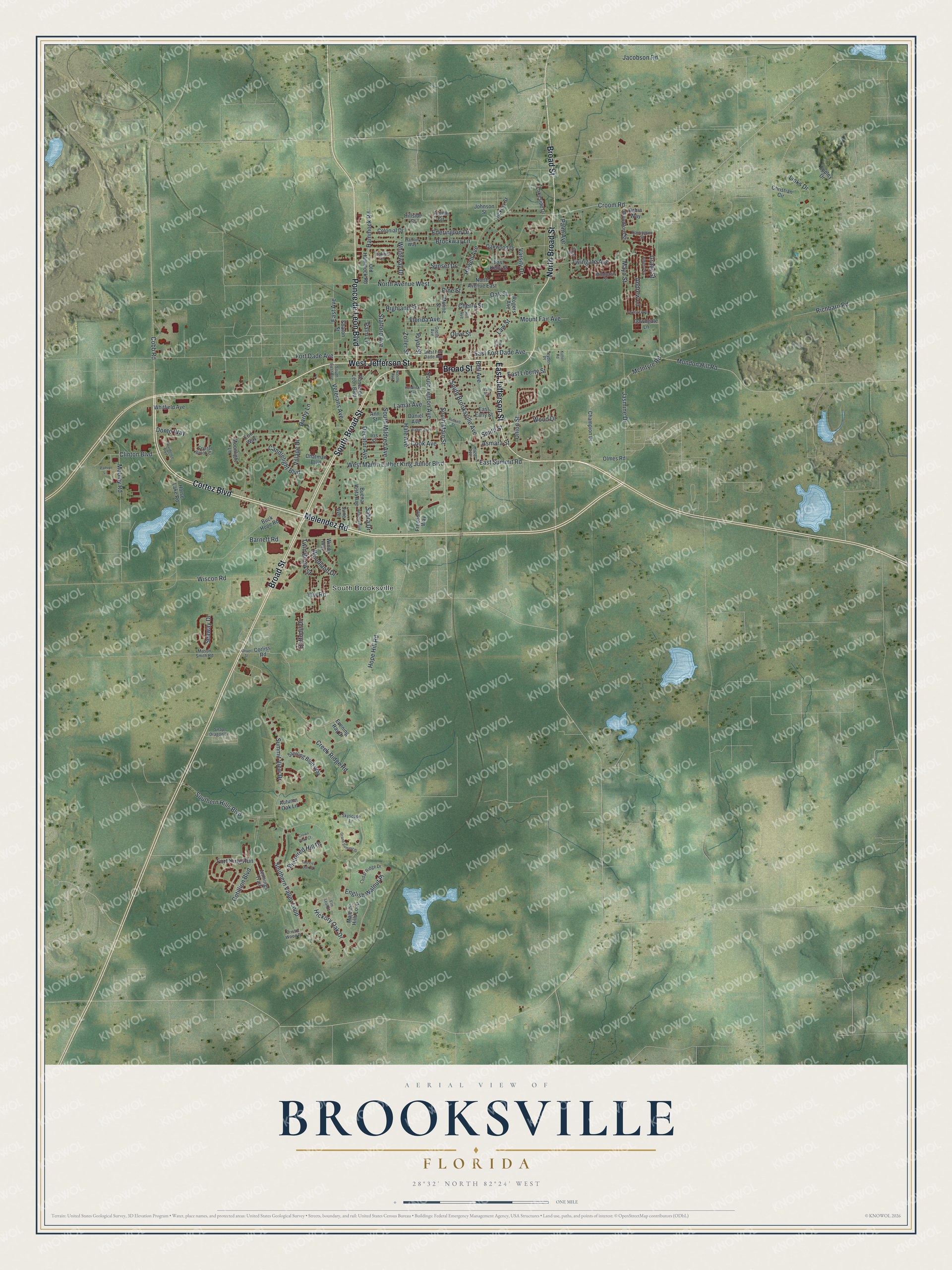 Map of Brooksville, Florida, with Cortez Boulevard, Broad Street, Jefferson Street and Howell Avenue
