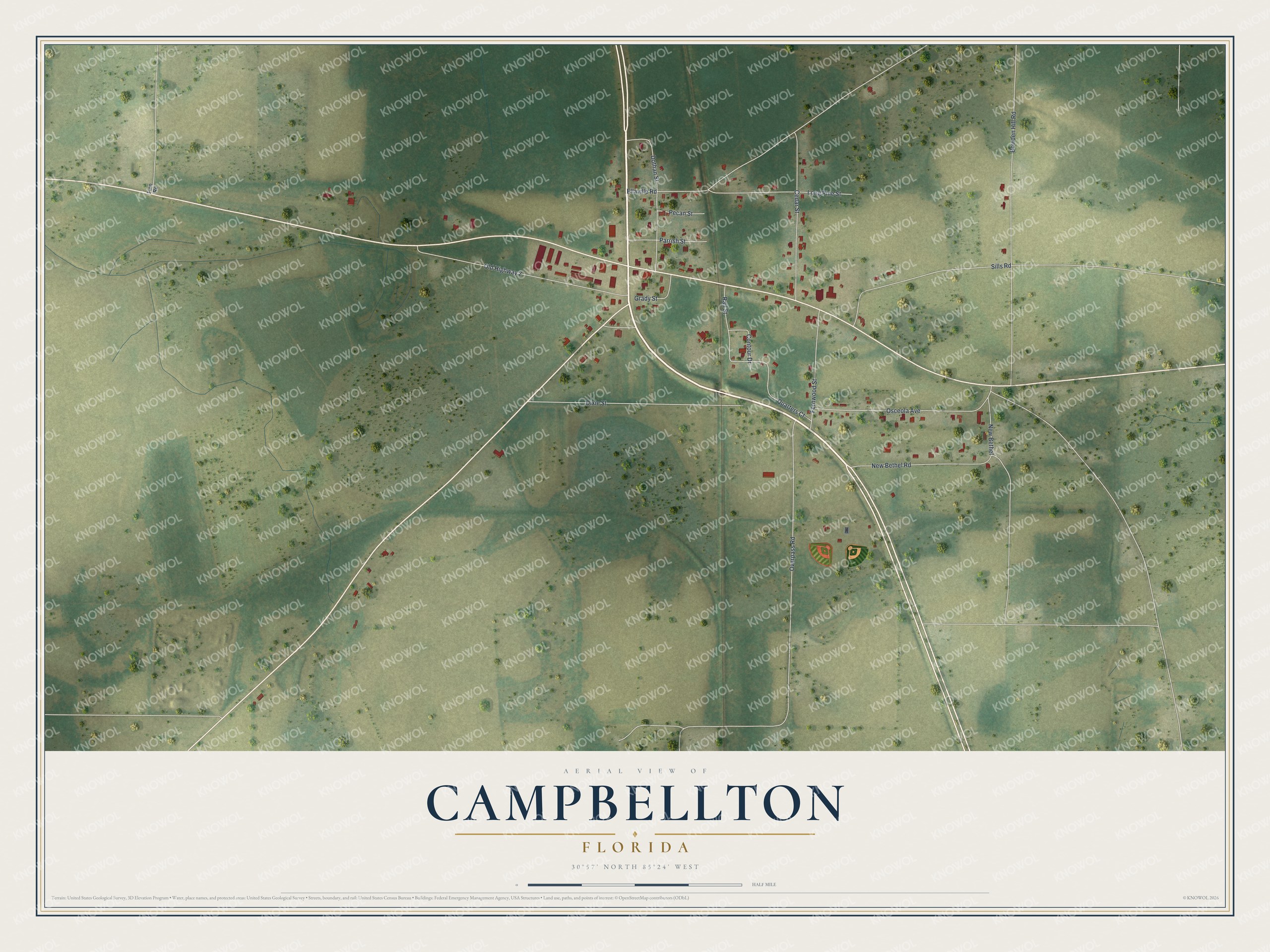 Map of Campbellton, Florida, with Bowden Hill Road, Ellaville Road, Dixie Street and Old Highway 2