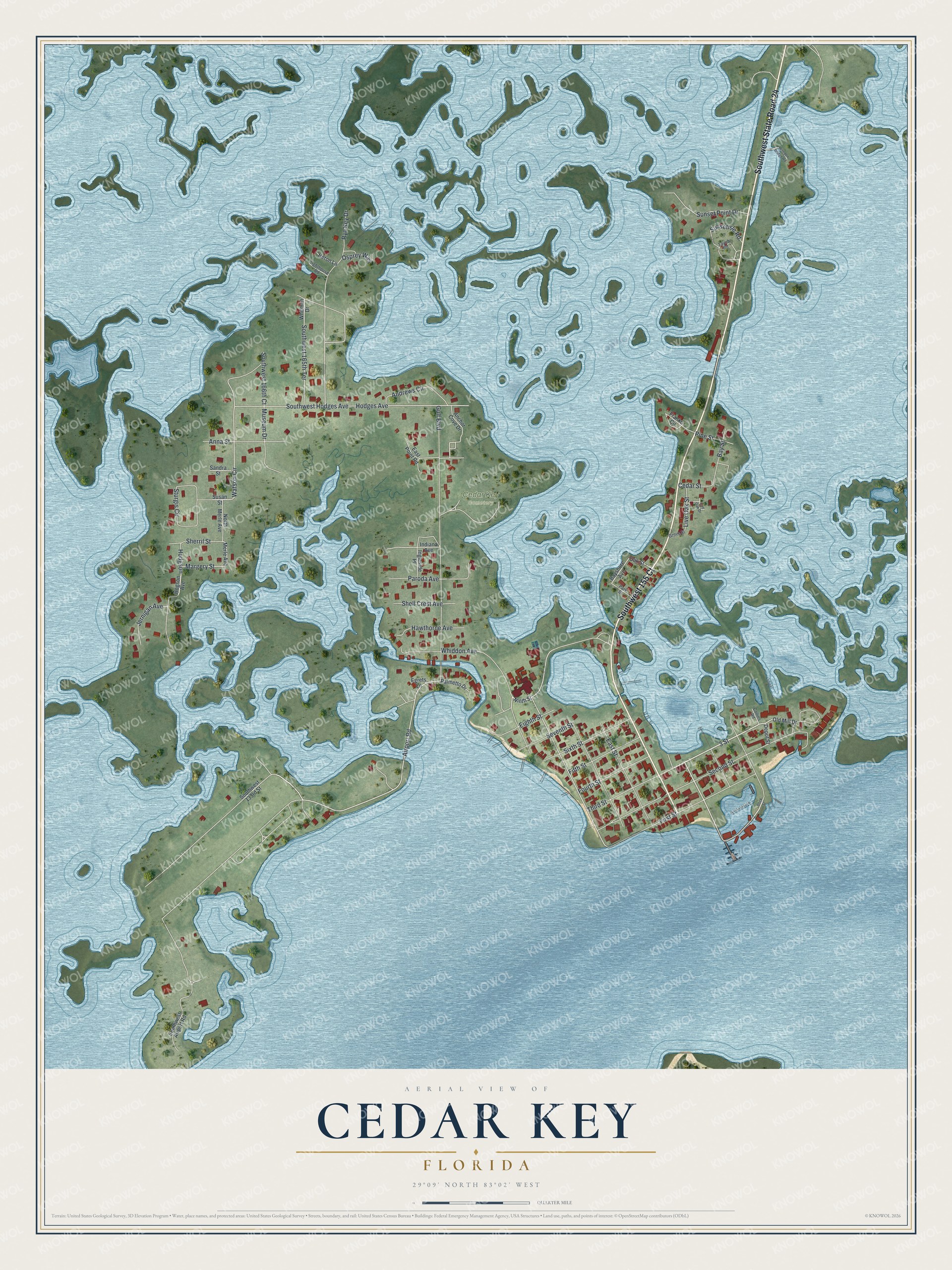 Map of Cedar Key, Florida, with Dock Street and Cedar Key Cemetery