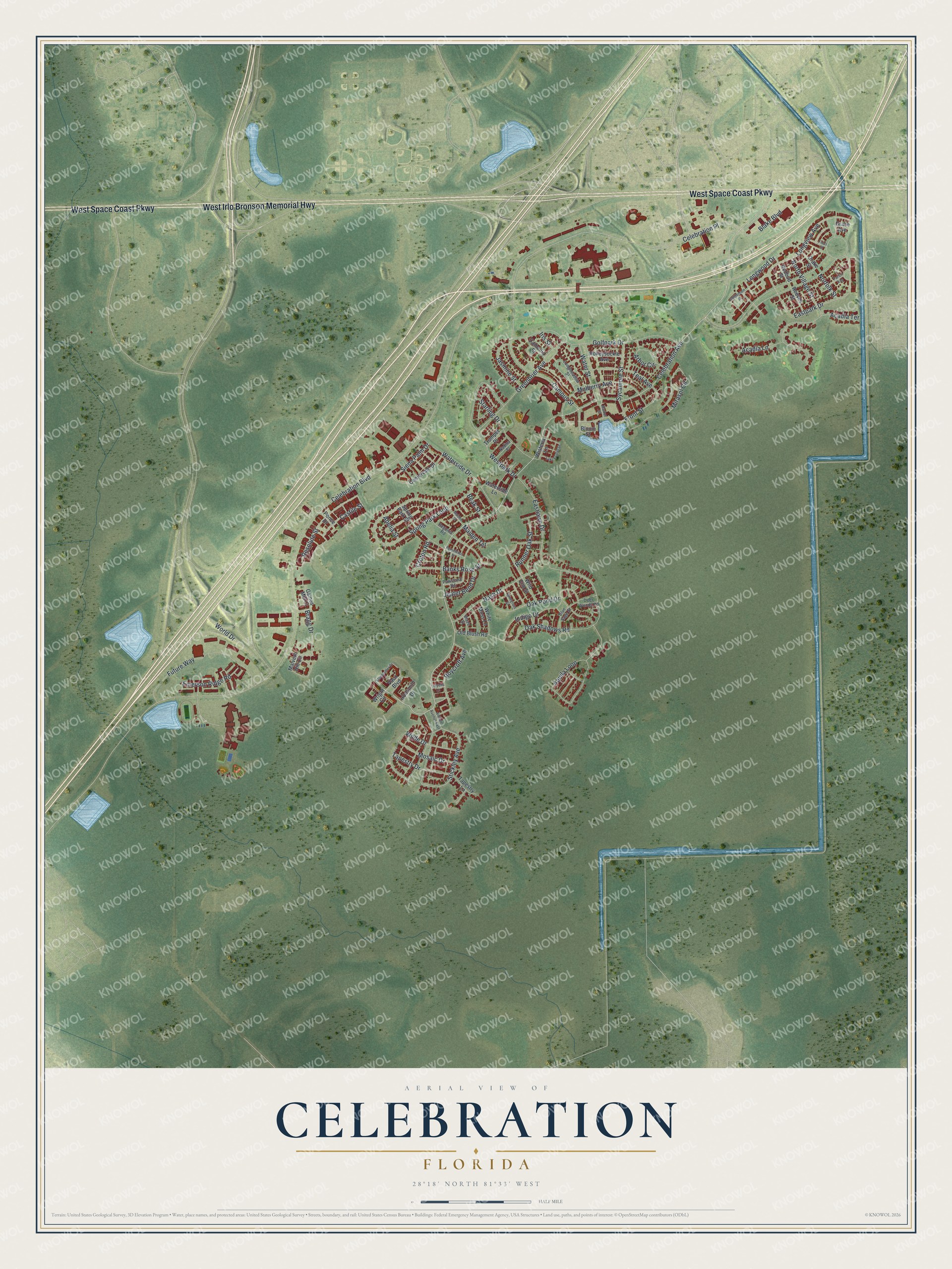 Map of Celebration, Florida, with Celebration Avenue and World Drive
