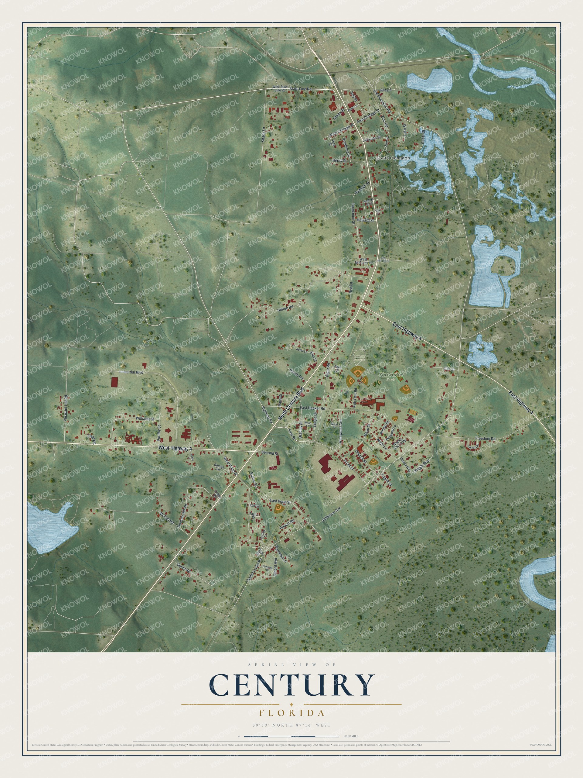 Map of Century, Florida, with Century Boulevard, Front Street, Jefferson Avenue and Showalter Park