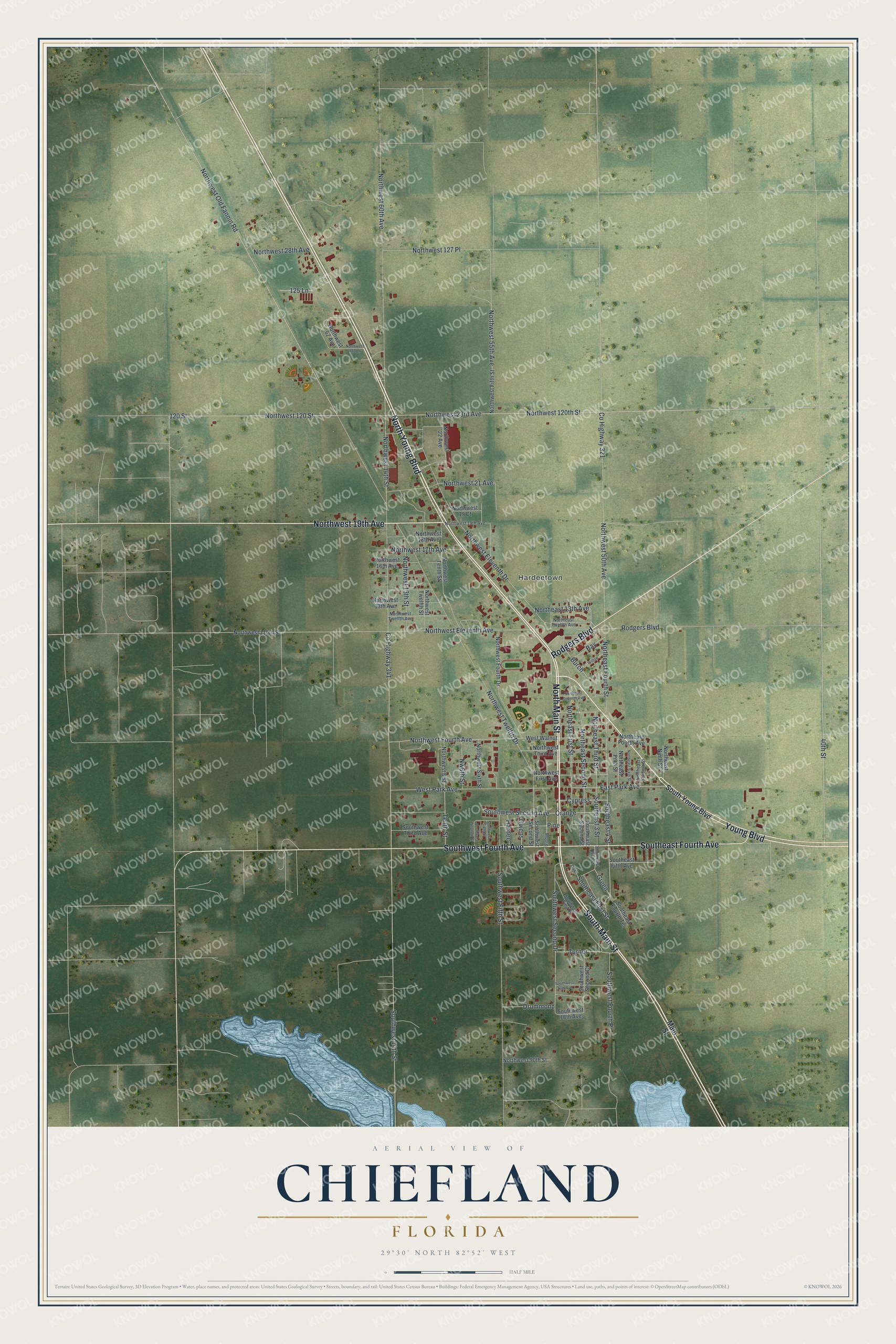 Map of Chiefland, Florida, with Main Street and Hardeetown