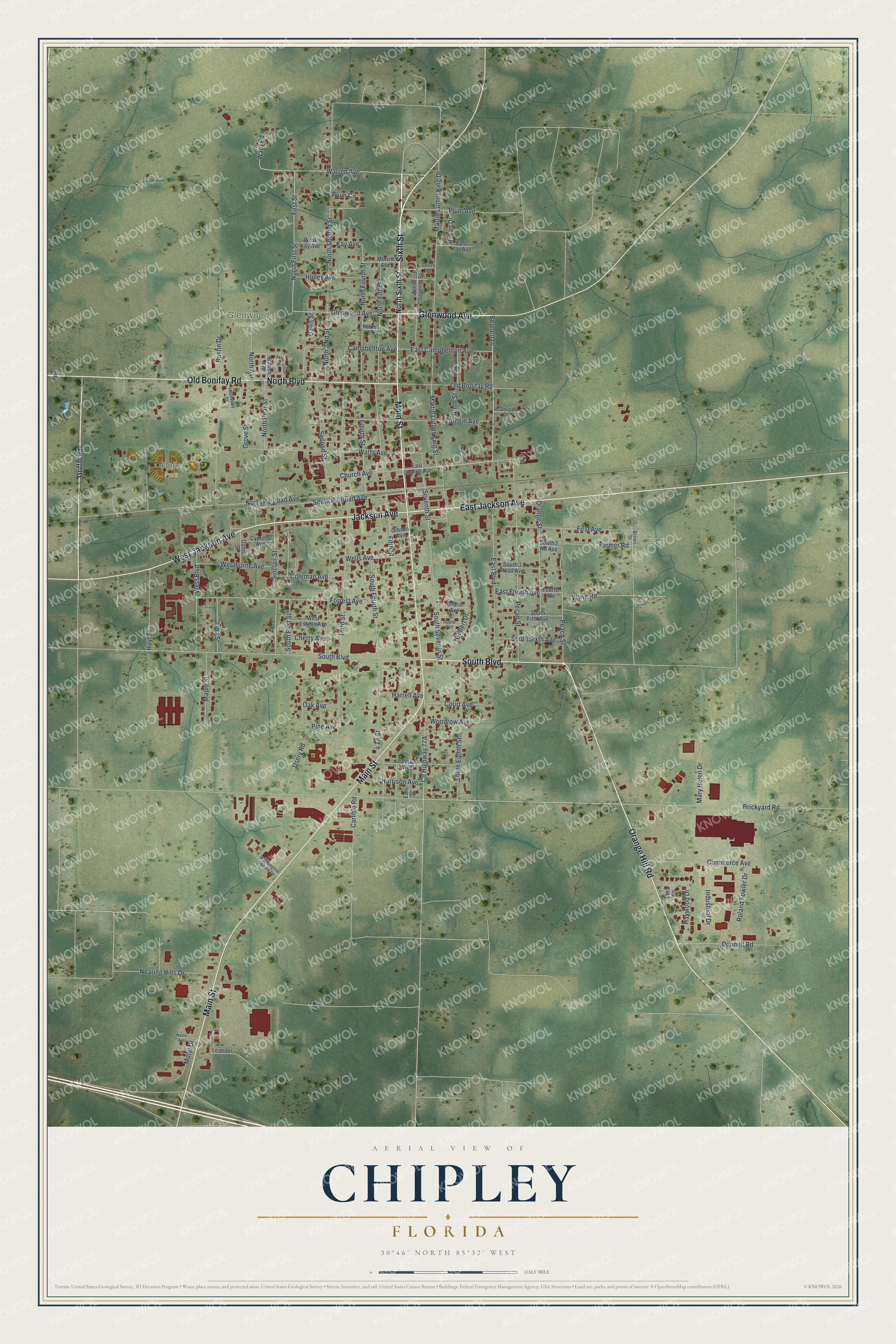 Map of Chipley, Florida, with Jackson Avenue and Glenwood Cemetery