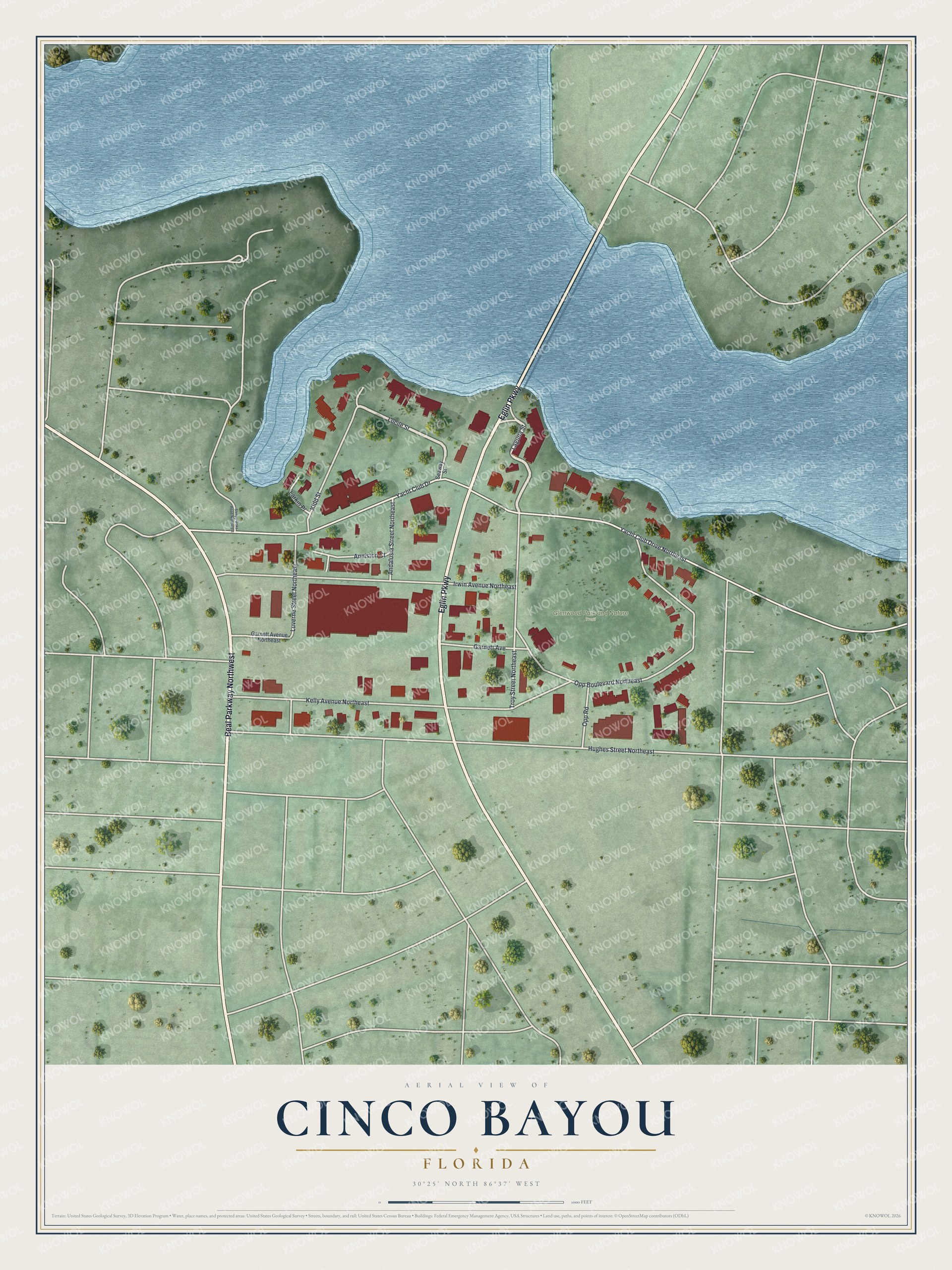 Map of Cinco Bayou, Florida, with Eglin Parkway and Glenwood Park and Nature Trail