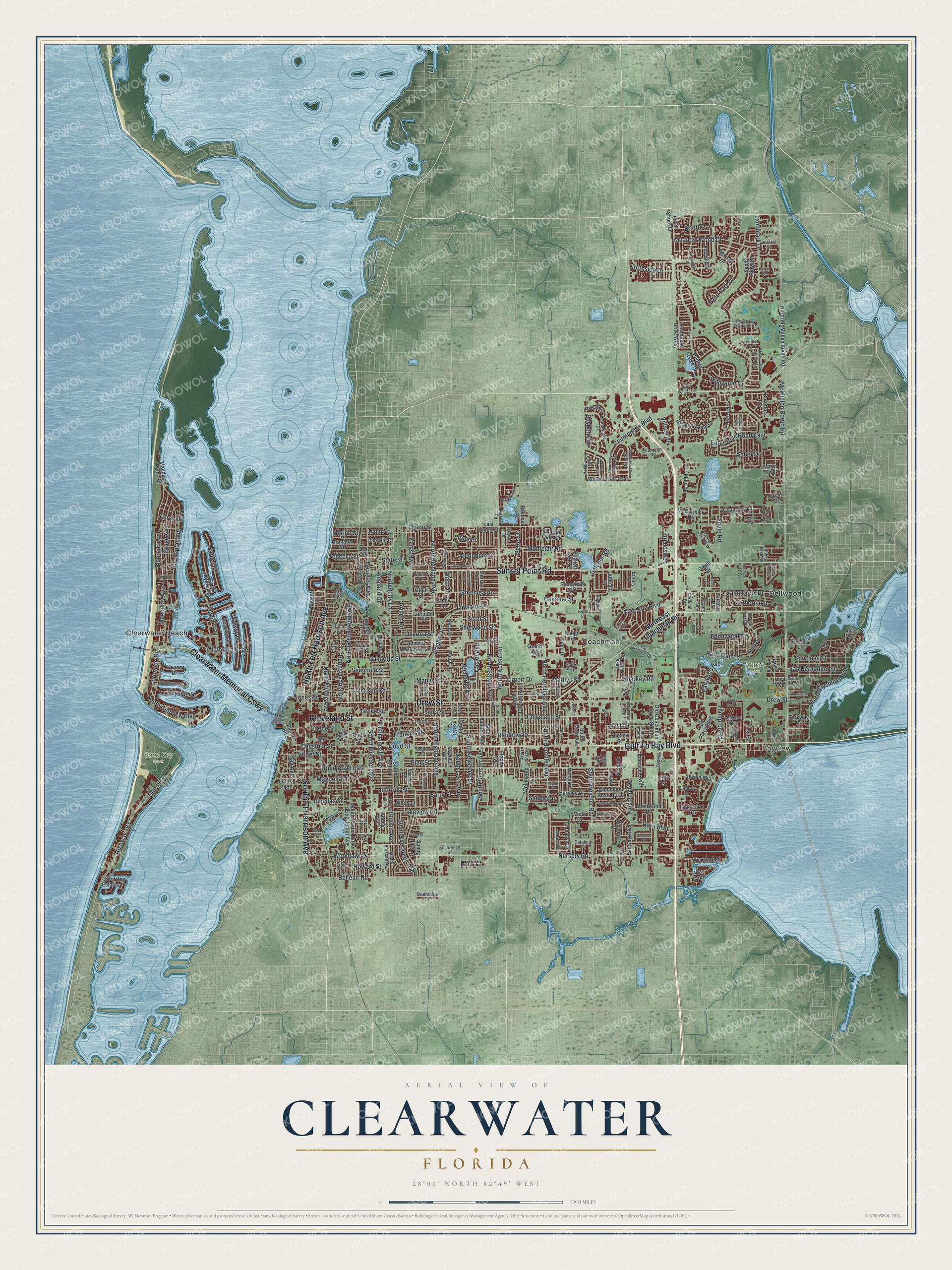 Map of Clearwater, Florida, with Gulf To Bay Boulevard and Clearwater Beach
