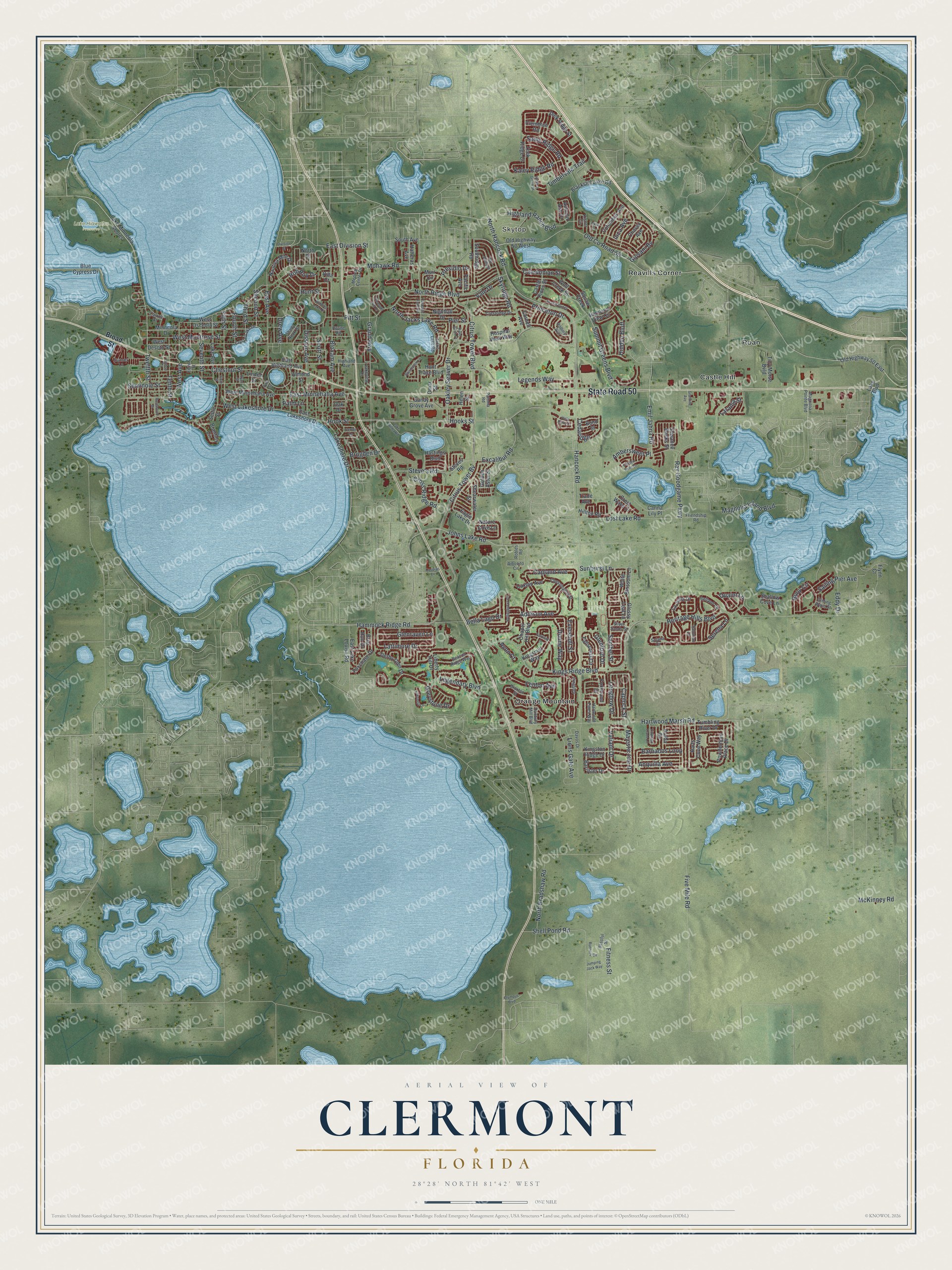 Map of Clermont, Florida, with Broad Street and Orange Mountain