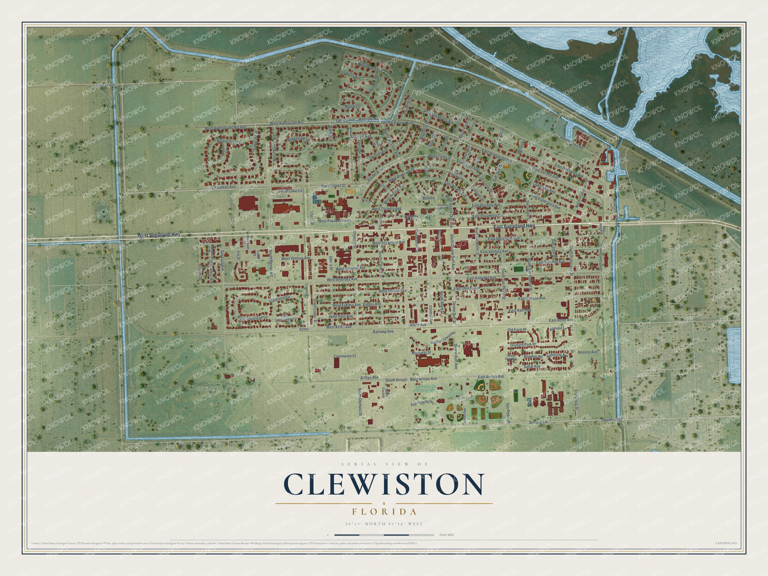 Map of Clewiston, Florida, with Sugarland Highway and Sugarland Park