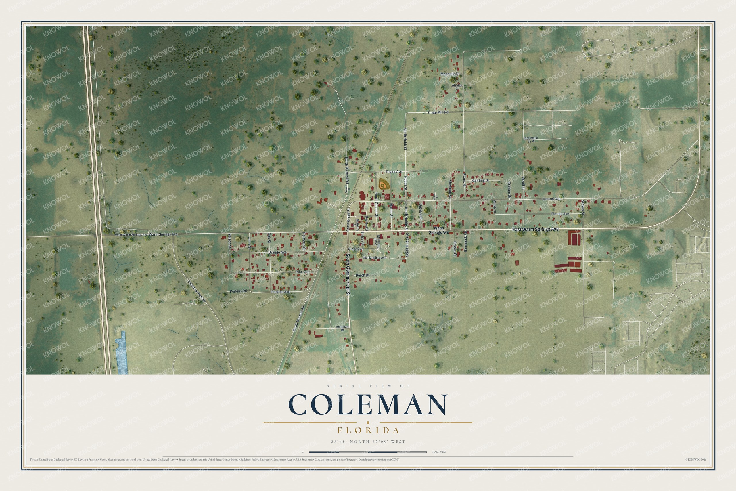 Map of Coleman, Florida, with Warm Springs Avenue and Central Avenue